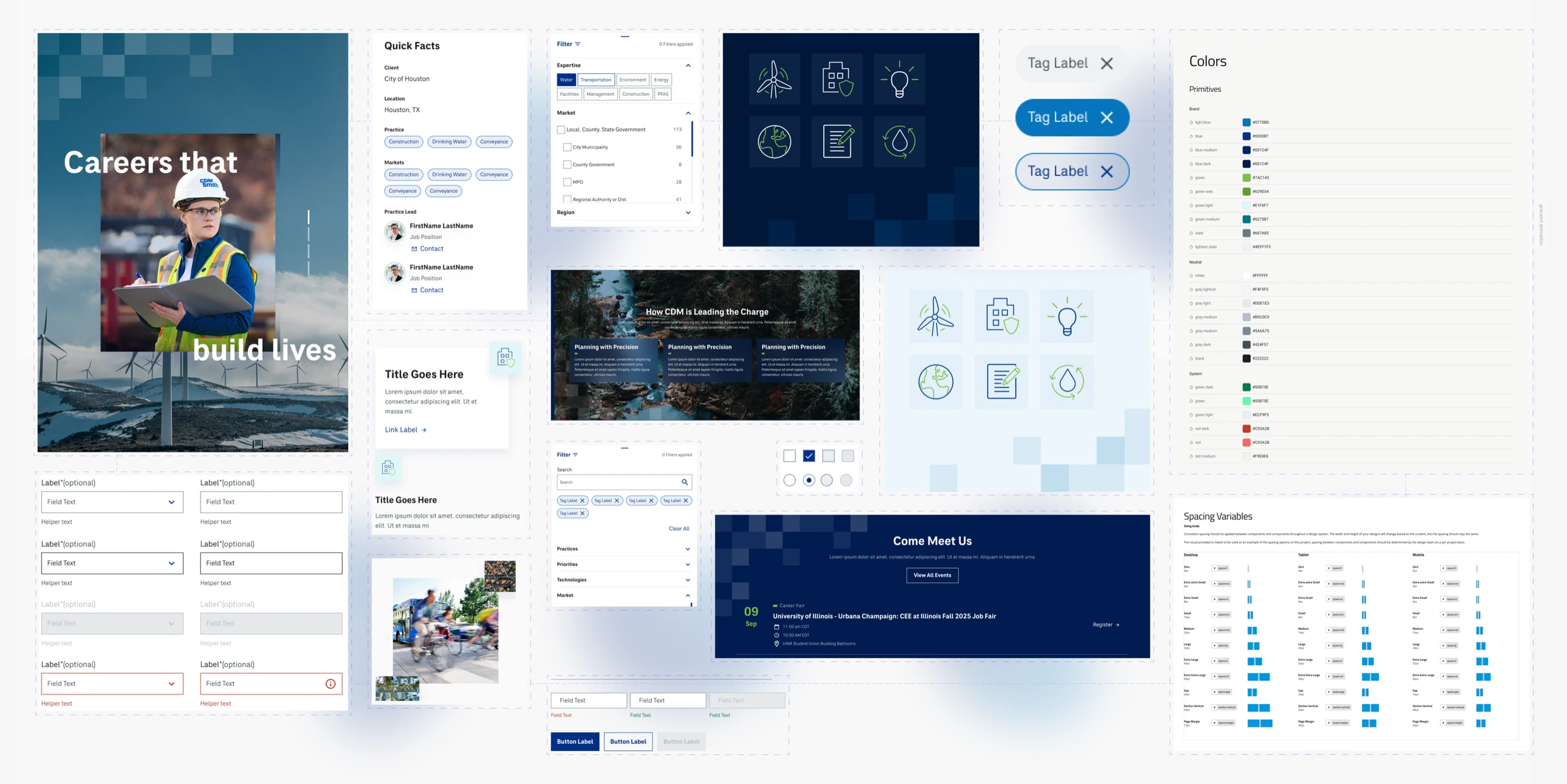 CDM Smith design system board: color tokens, typography scale, icon set, cards, forms, and components on one canvas