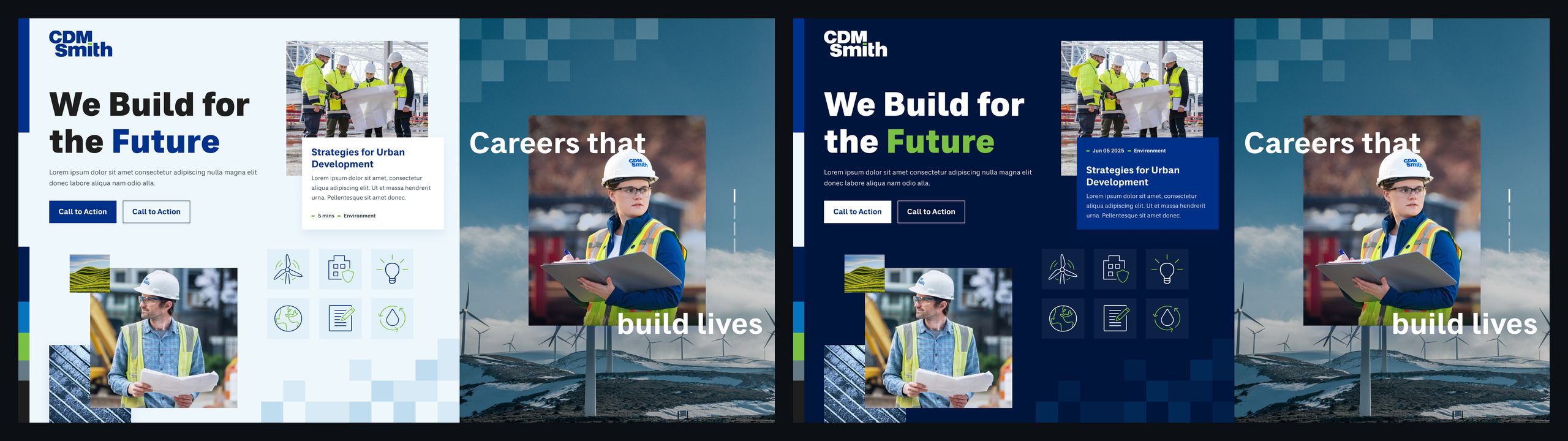 Two design vision mood boards for CDM Smith — light and dark visual directions exploring typography, photography, and layout