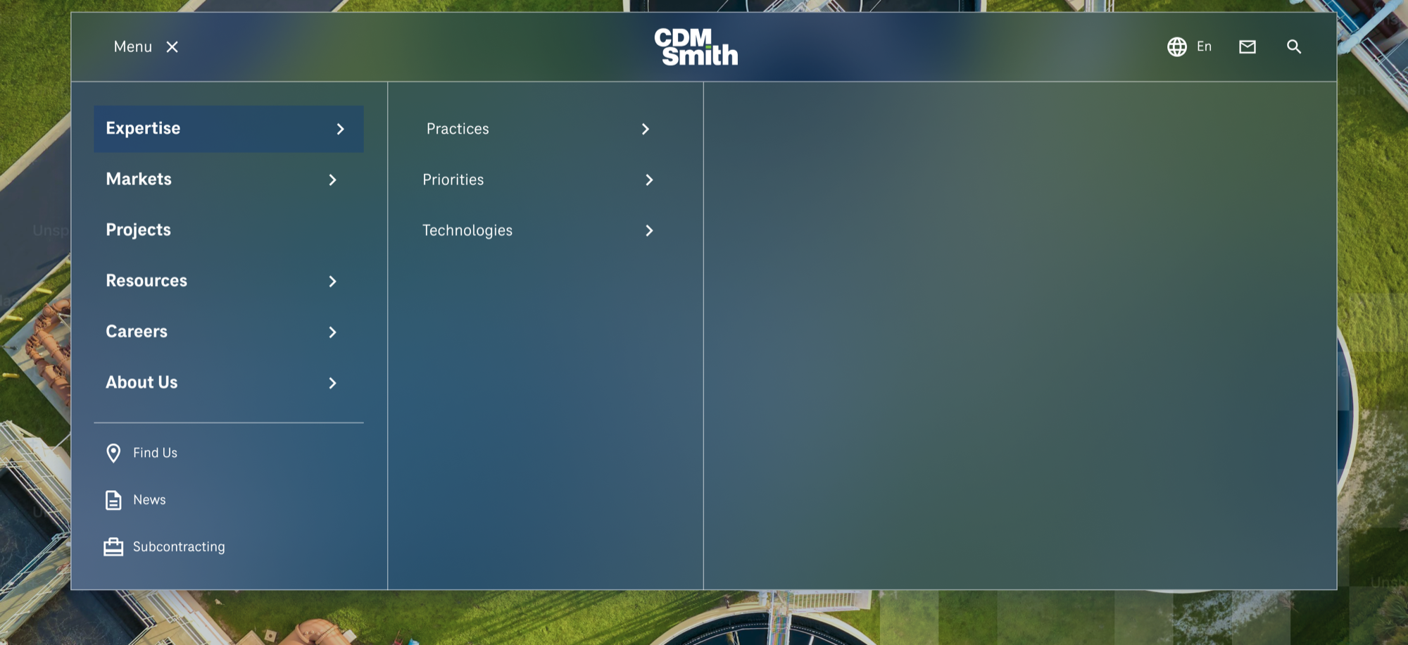 CDM Smith navigation mega-menu showing Expertise with Practices, Priorities, and Technologies