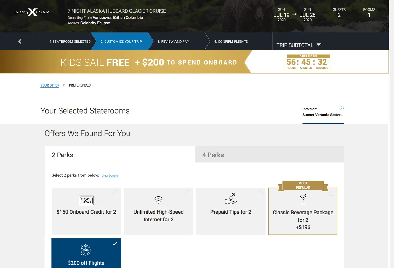 Customize your trip step offering perks and a flight offer