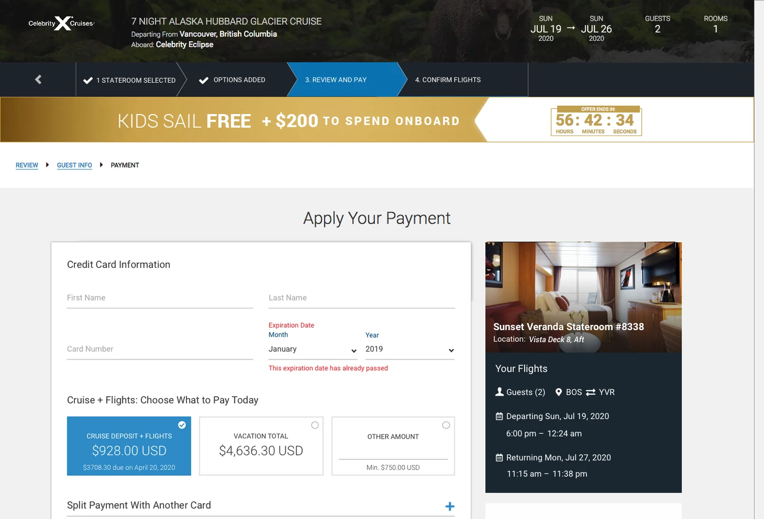 Payment step with a choice of what to pay today