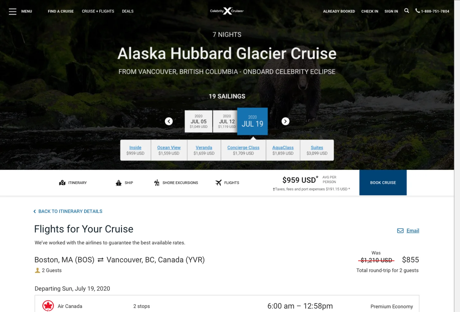 Flights for your cruise summary beside the cruise price