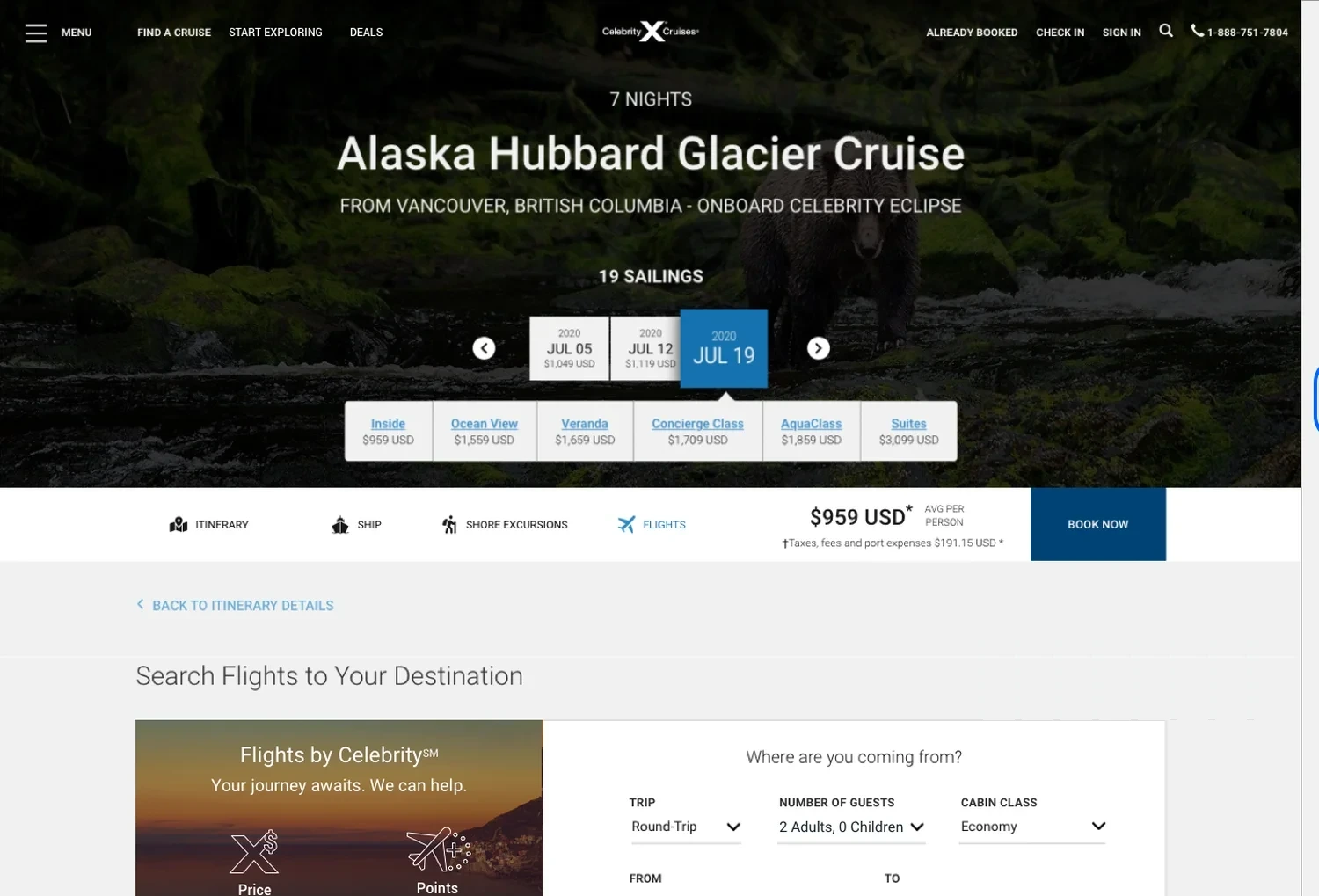 Flight quote widget on a cruise itinerary page
