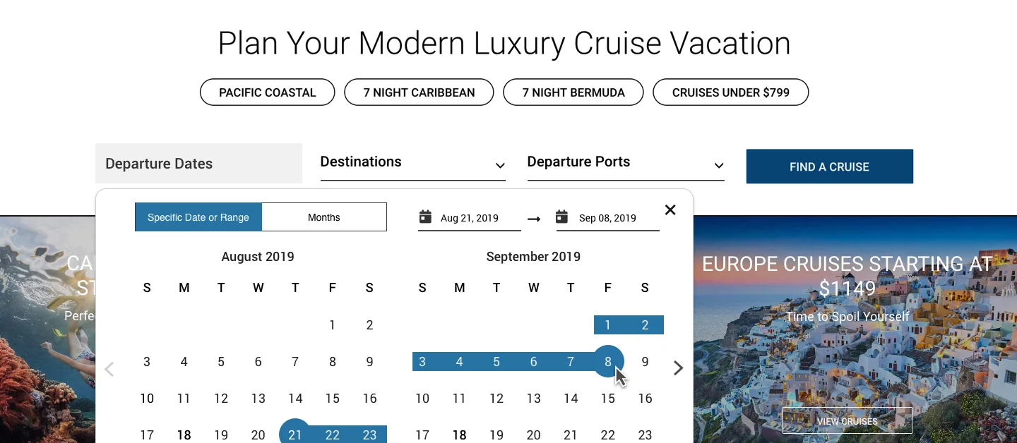 Date picker with a flexible range of dates open on the cruise search