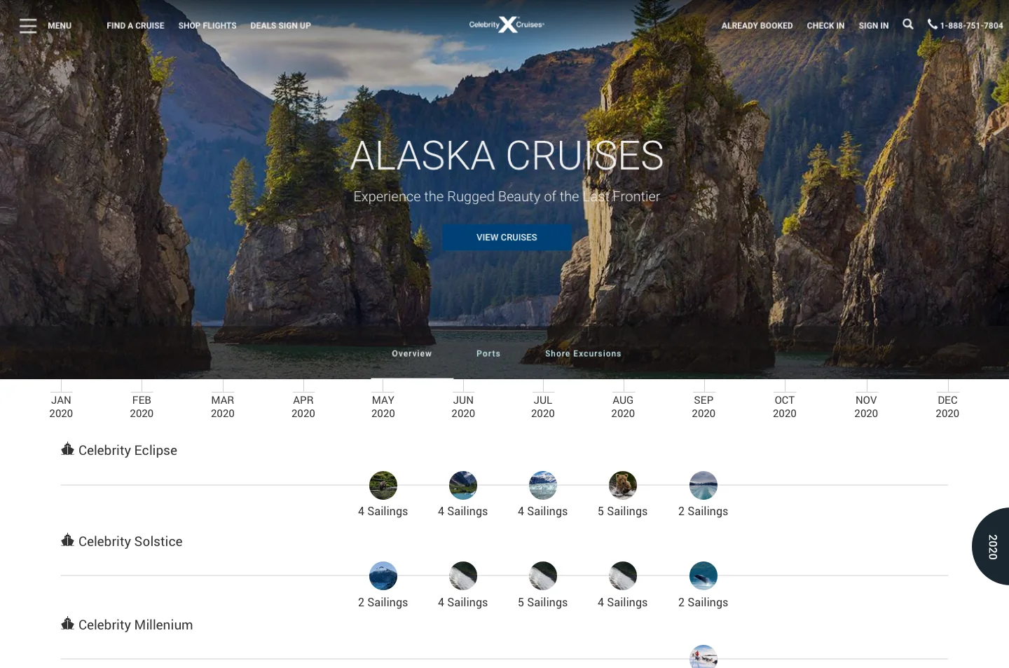 The Celebrity sailings table for Alaska: ships down the side, months across the top, and the number of sailings for each ship each month
