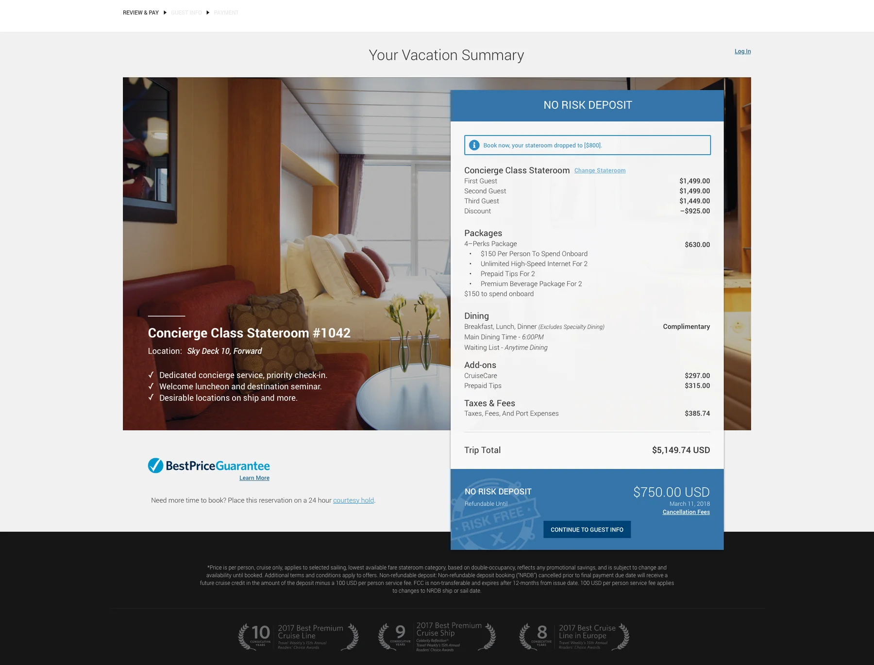 Vacation summary page with a notice that the price has changed