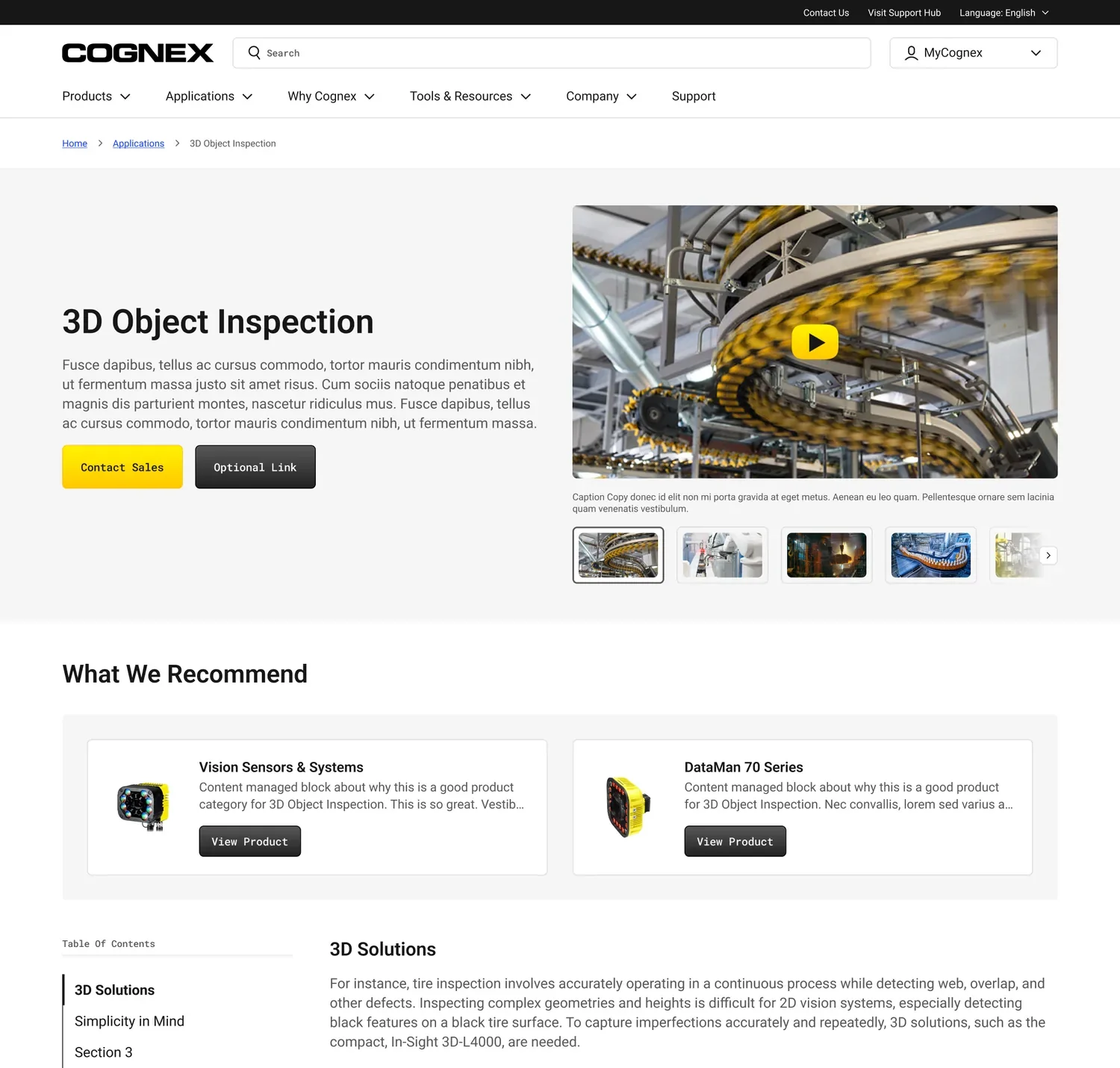 Cognex application detail page — top-of-page Contact Sales action and a sticky Table of Contents jump-to navigation