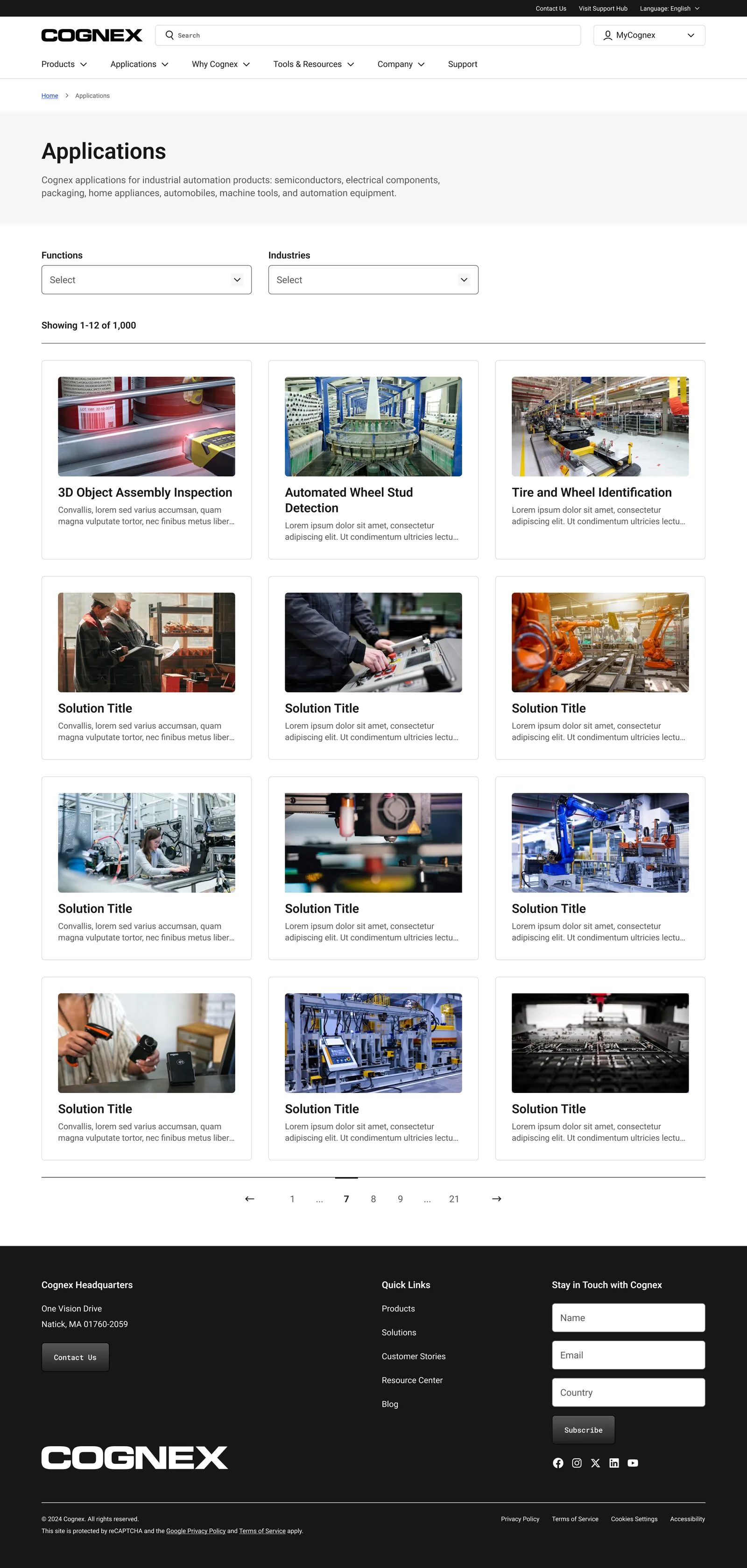 Cognex applications listing page with By Function and By Industry filters and a grid of solution cards