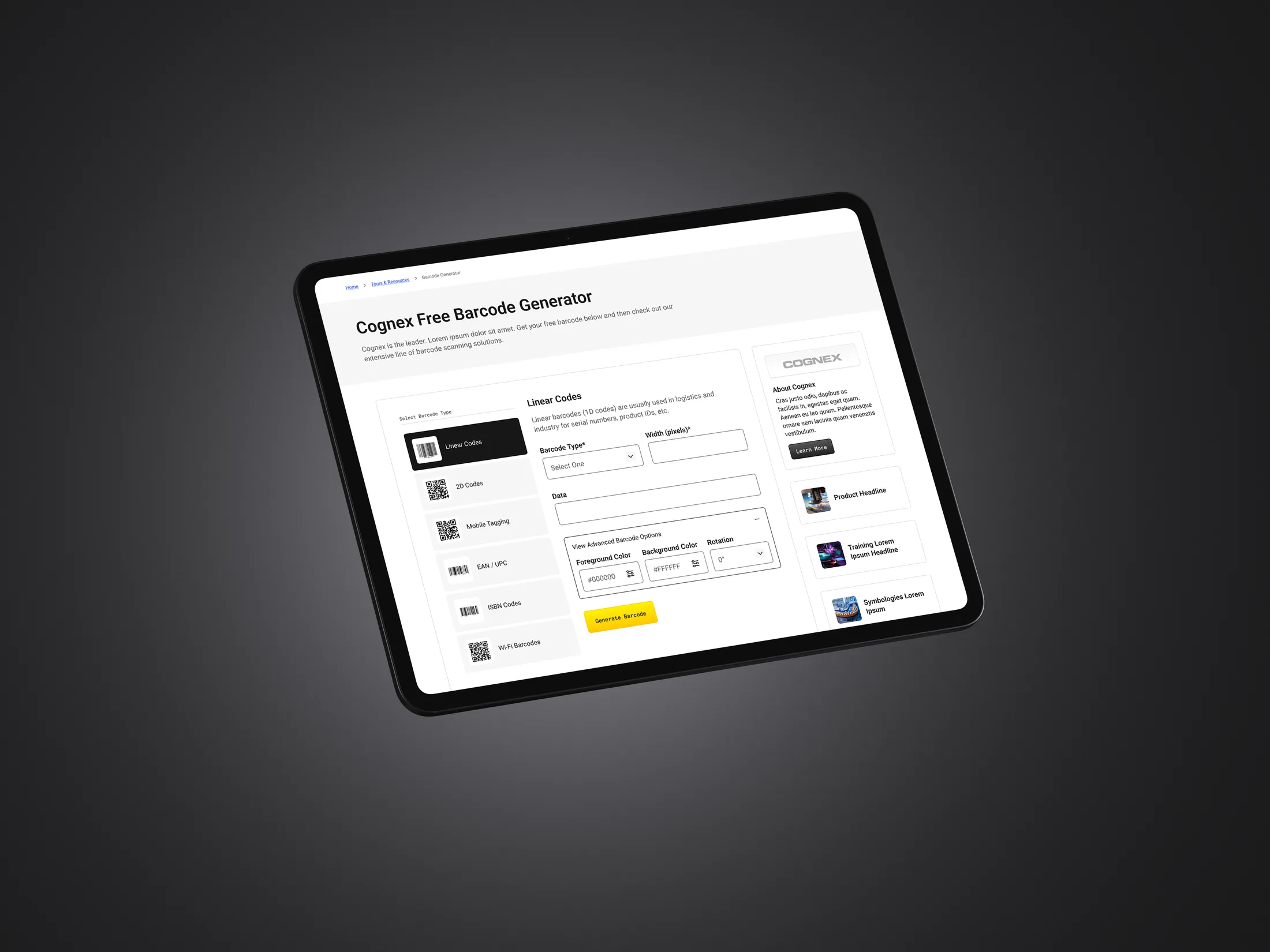 Cognex Free Barcode Generator on iPad