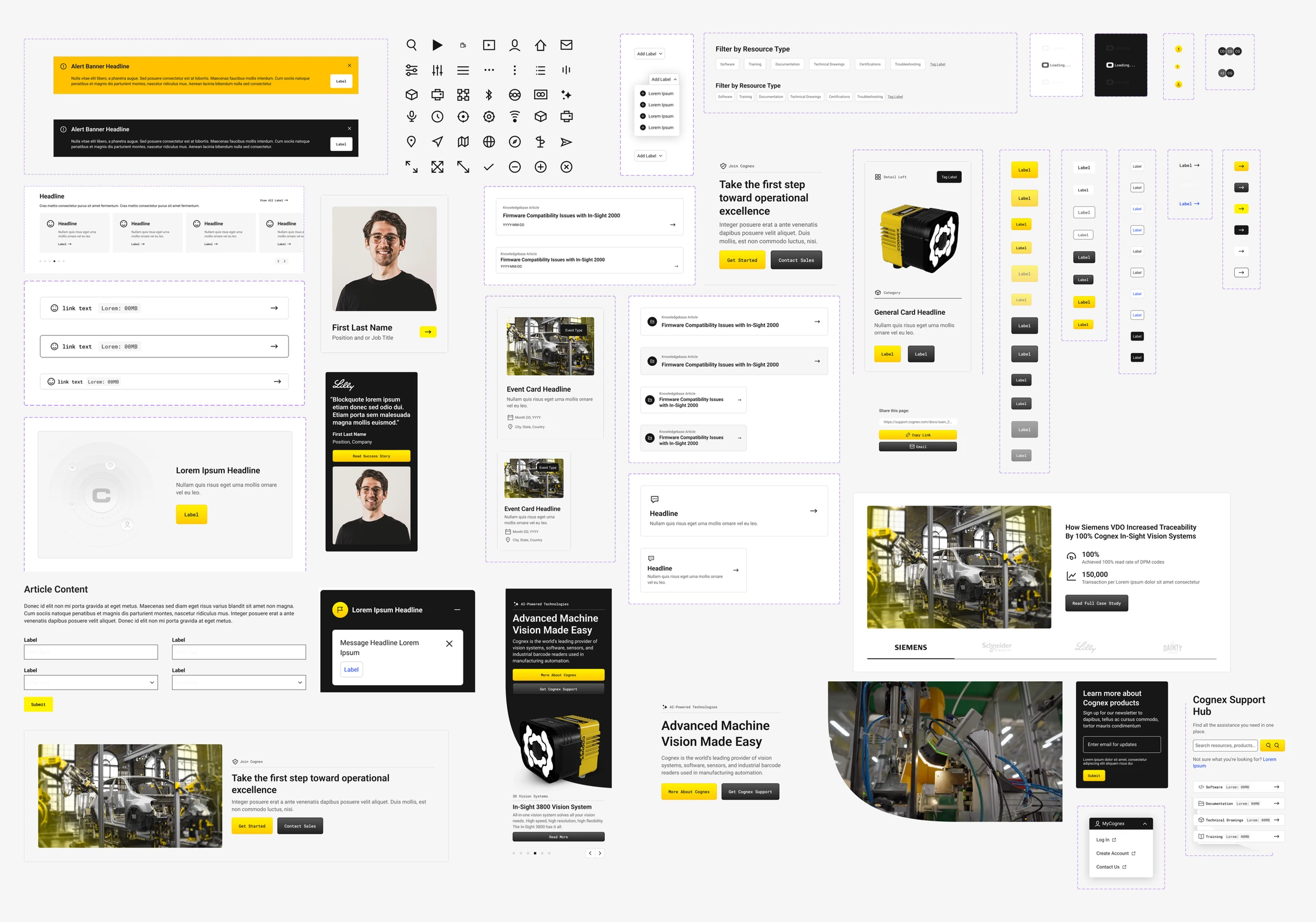 Cognex component library board: product and people cards, banners, data tables, modals, carousels, icons, and call-to-action cards on one canvas