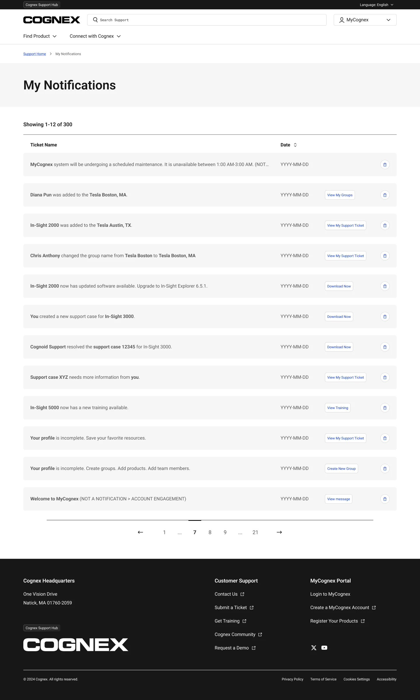 MyCognex notifications feed with contextual actions on each row