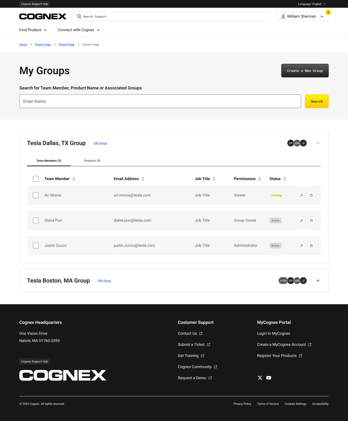 MyCognex team management with roles, permissions, and member status