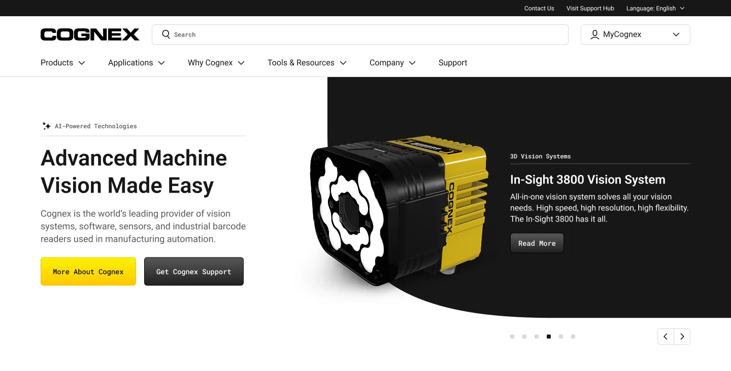 Redesigned Cognex desktop mega-navigation with header search and seven top-level sections