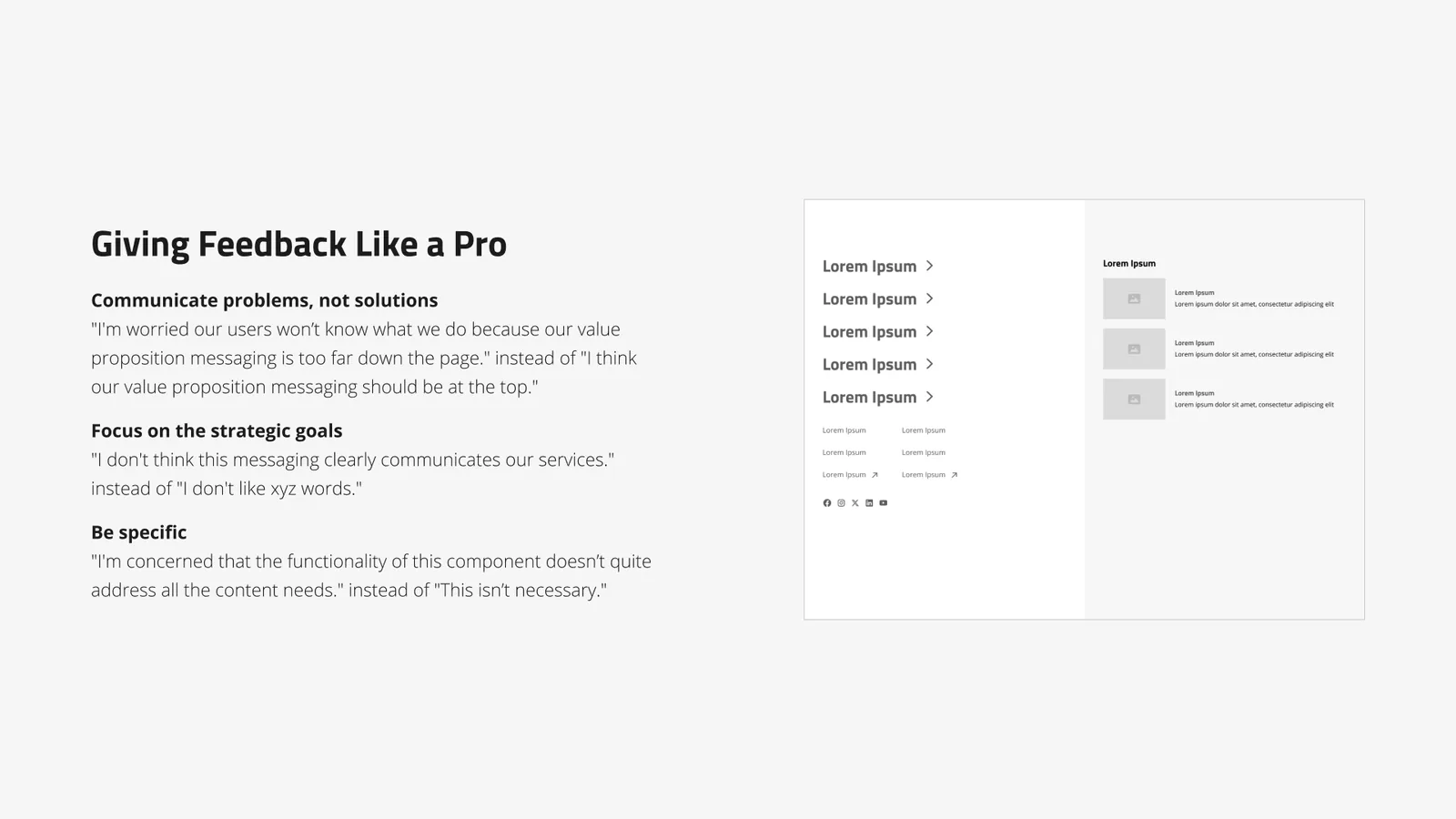 Client-coaching slide: Giving Feedback Like a Pro — communicate problems, not solutions