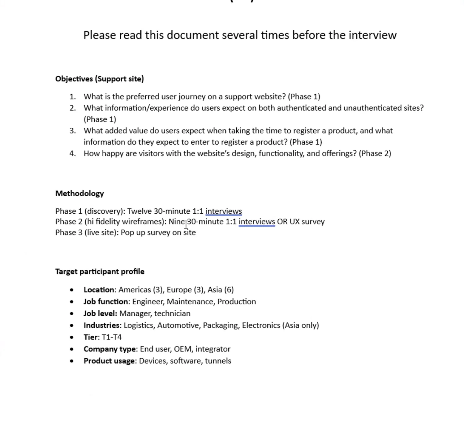 The Cognex user-testing methodology: three phases, twelve interviews per topic, regional participant profile
