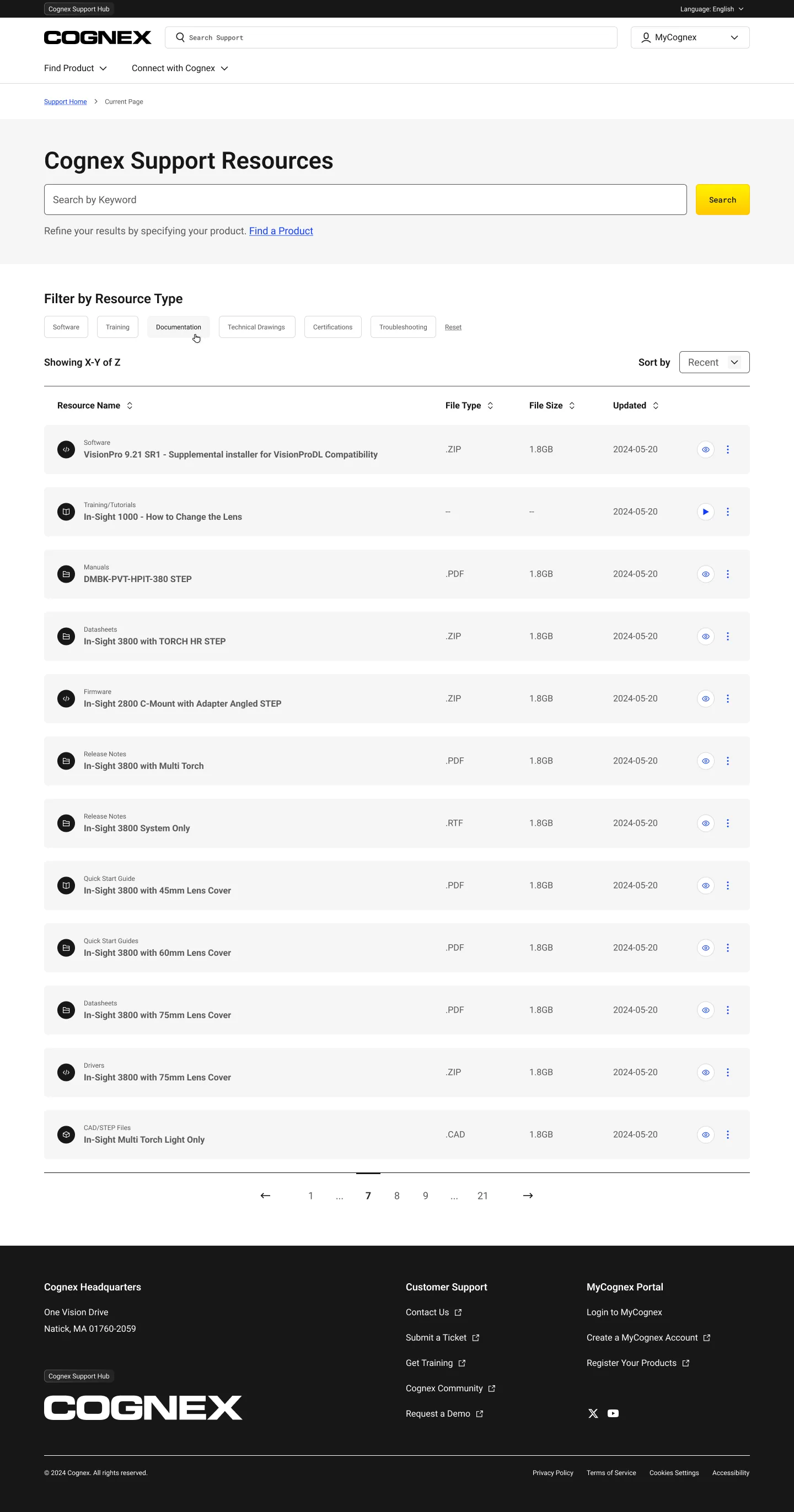Cognex support resources listing with resource-type tabs and file type, size, and updated columns