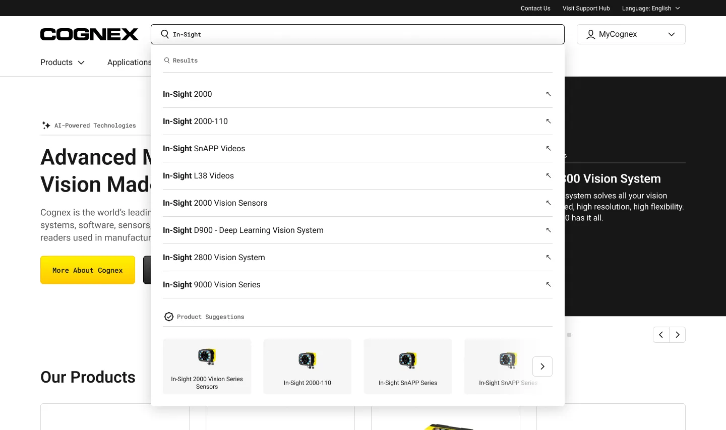 Cognex header search expanded, showing model-number autocomplete and a product-suggestion carousel
