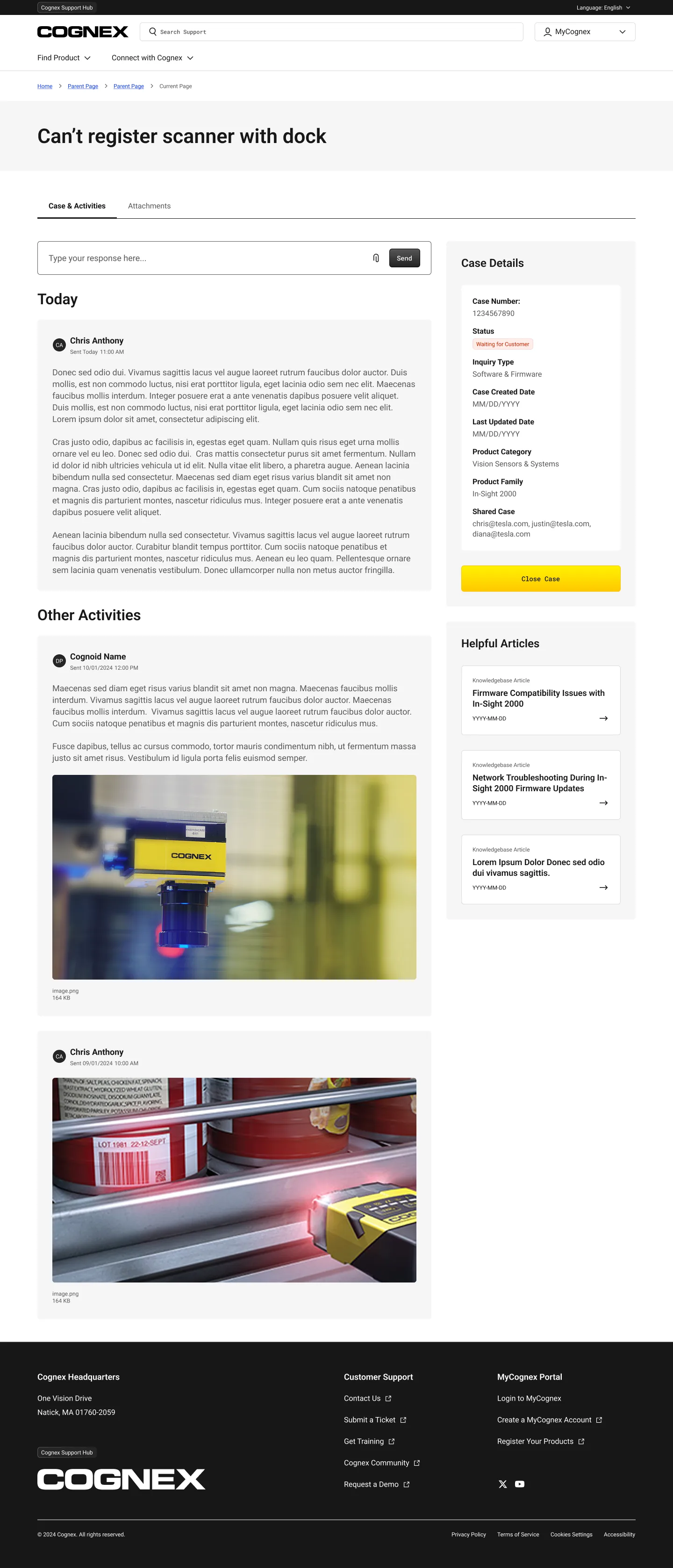 MyCognex support case detail with a threaded conversation and case sidebar