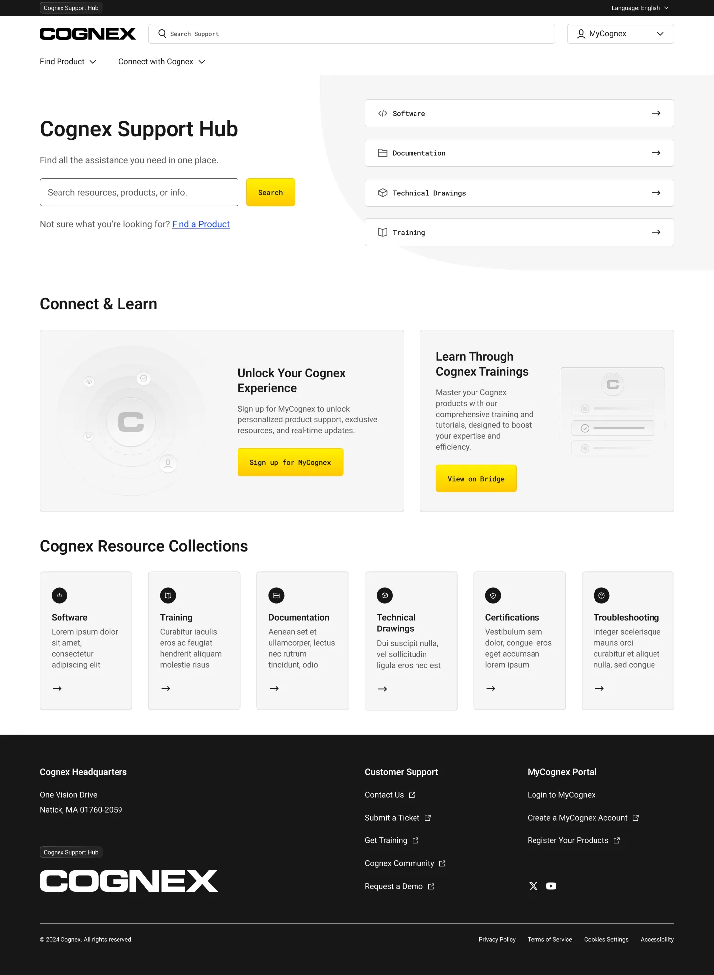 Logged-out Cognex support hub leading with search and the resource collections row