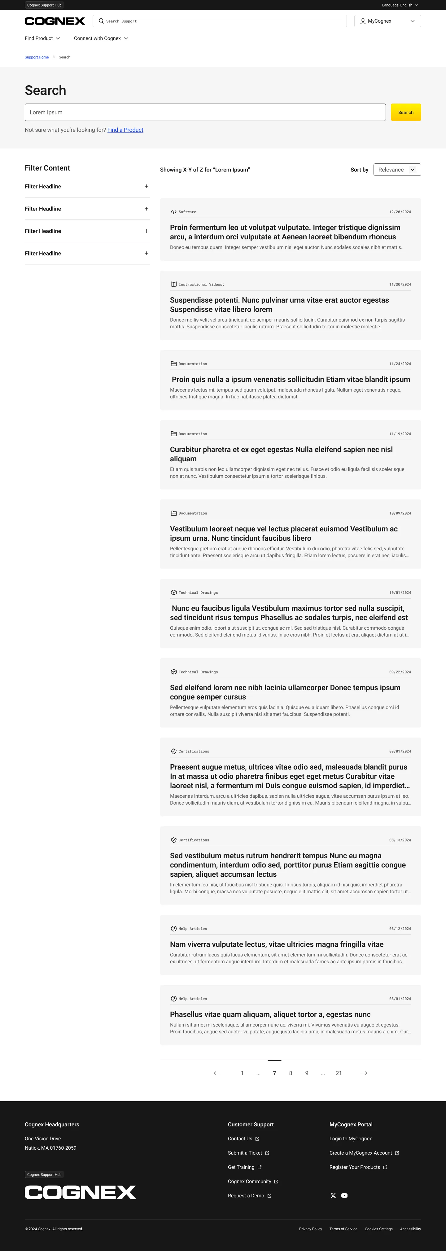 Cognex global support search results page with filters and typed result metadata