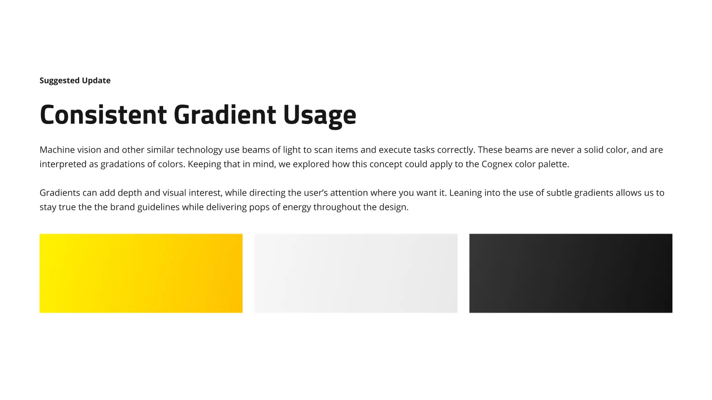 Design rationale slide: beams of light read as color gradations, applied as a Cognex gradient system