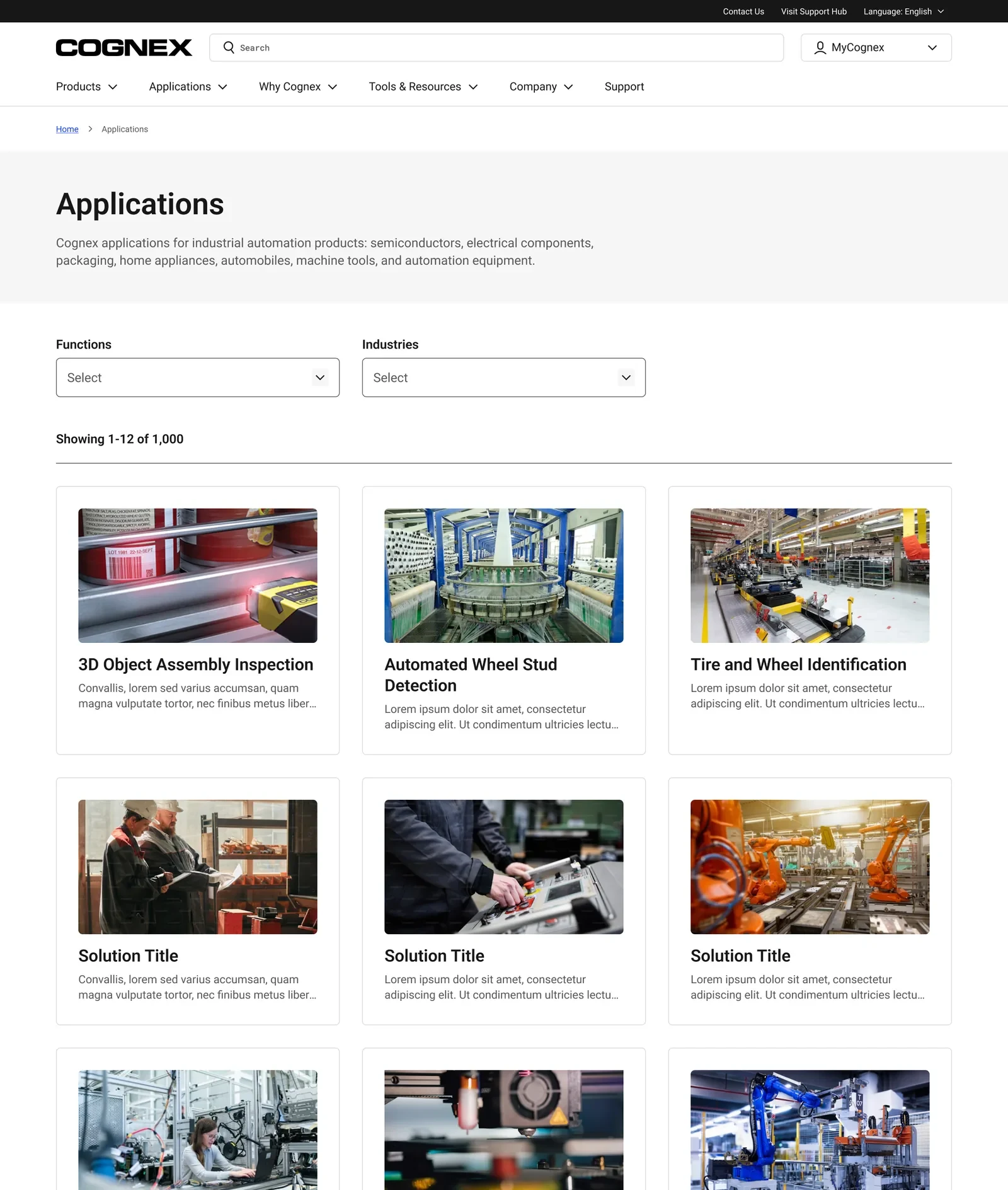 Cognex applications listing filterable by function and industry