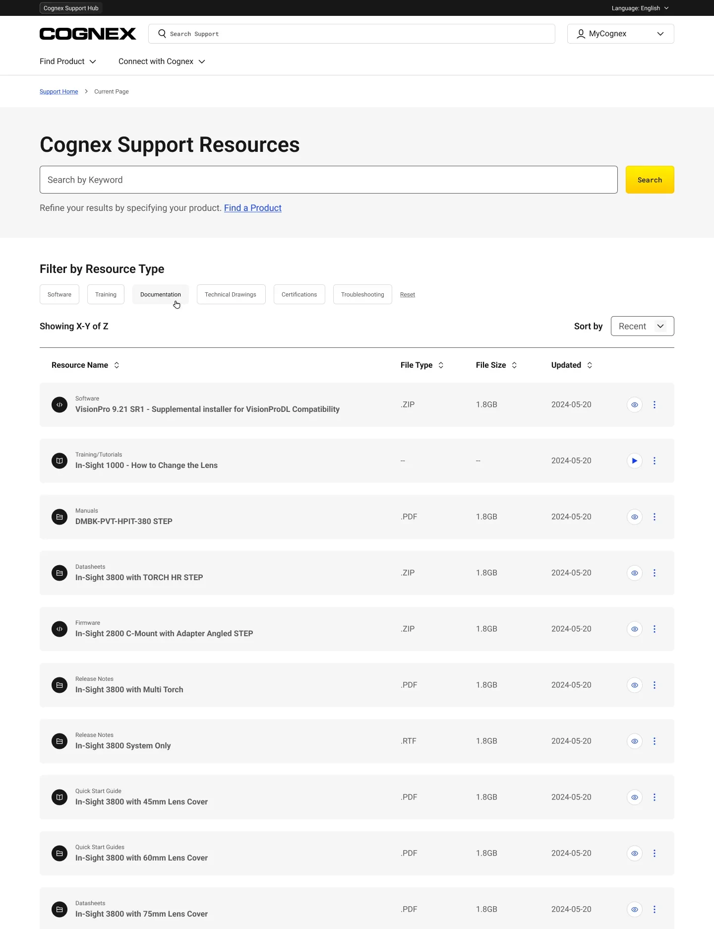 Resource listing with file type, size, and date columns