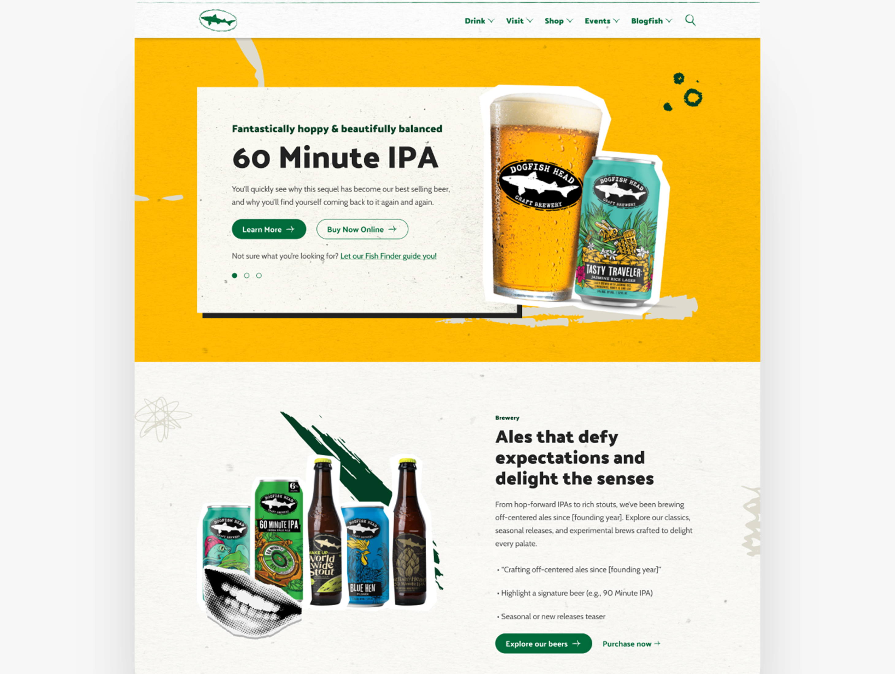 Dogfish Head redesigned homepage — 60 Minute IPA hero with product discovery and brewery storytelling