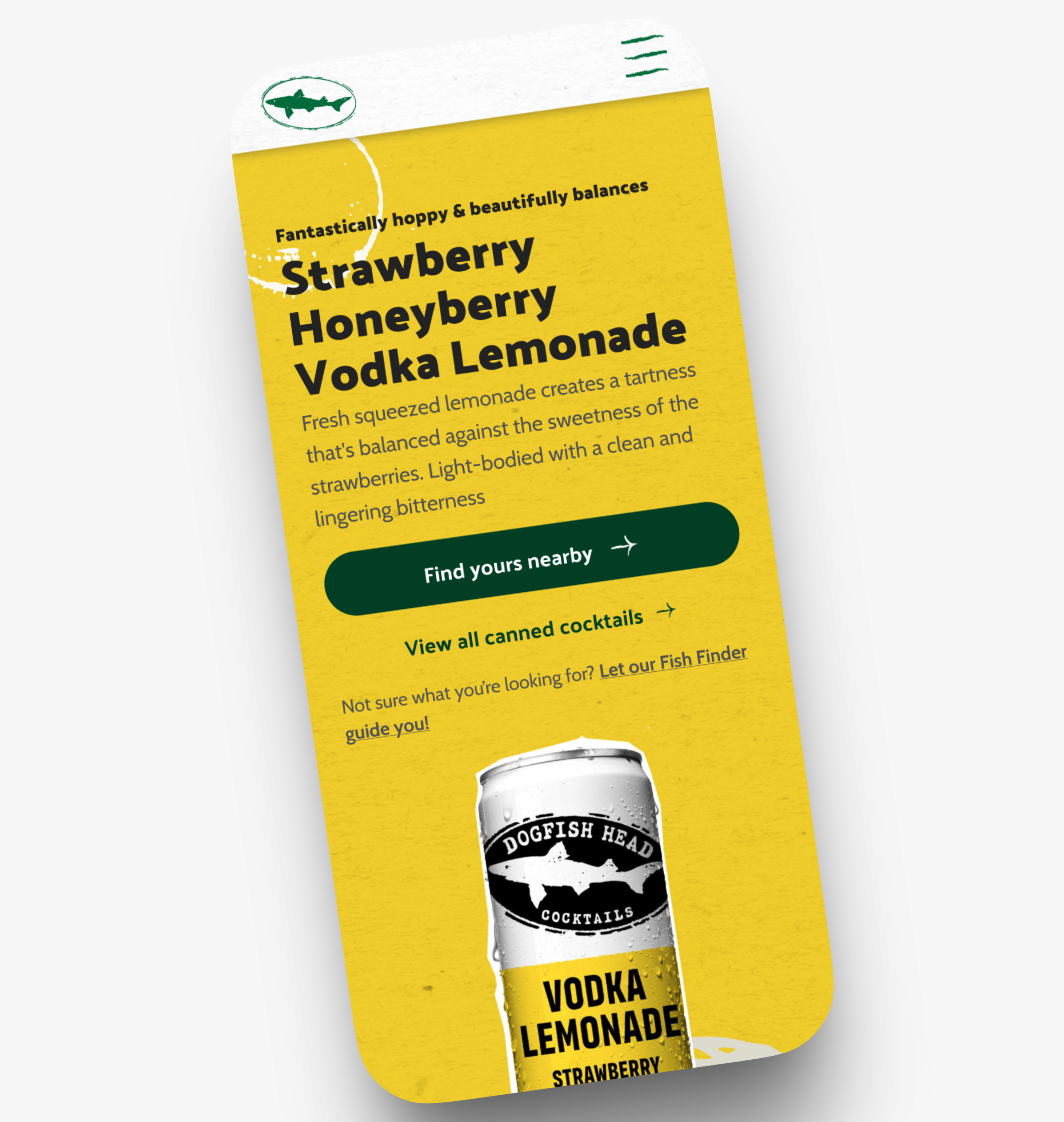 Dogfish Head mobile homepage — responsive product hero with purchase pathways