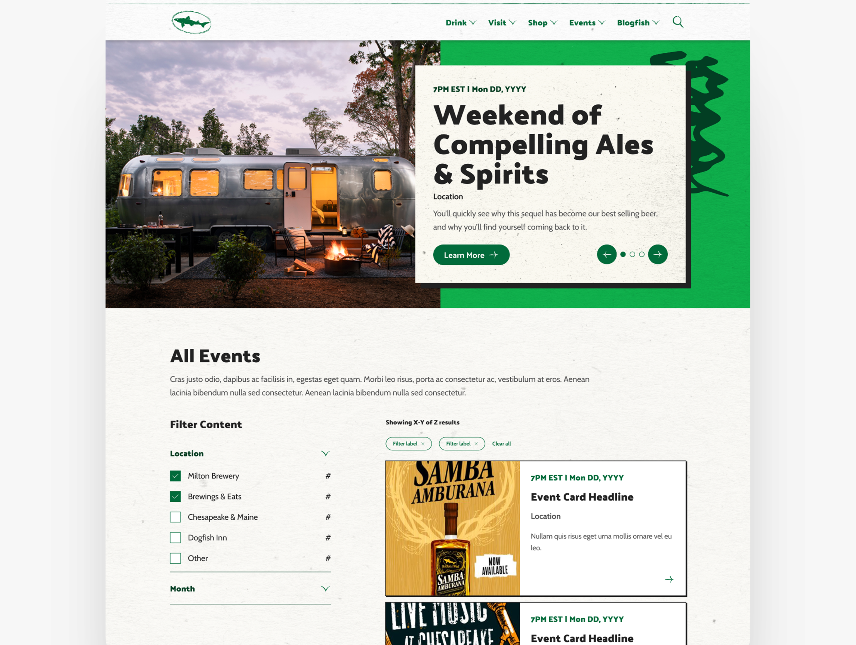 Dogfish Head events page — filterable events connecting digital to in-person activation