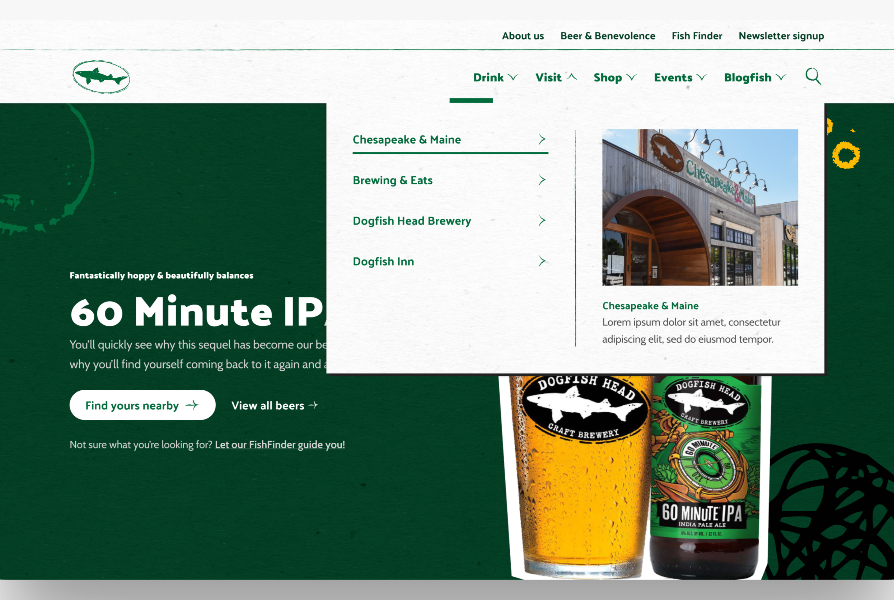 Dogfish Head navigation mega-menu — Visit section with location listings and imagery