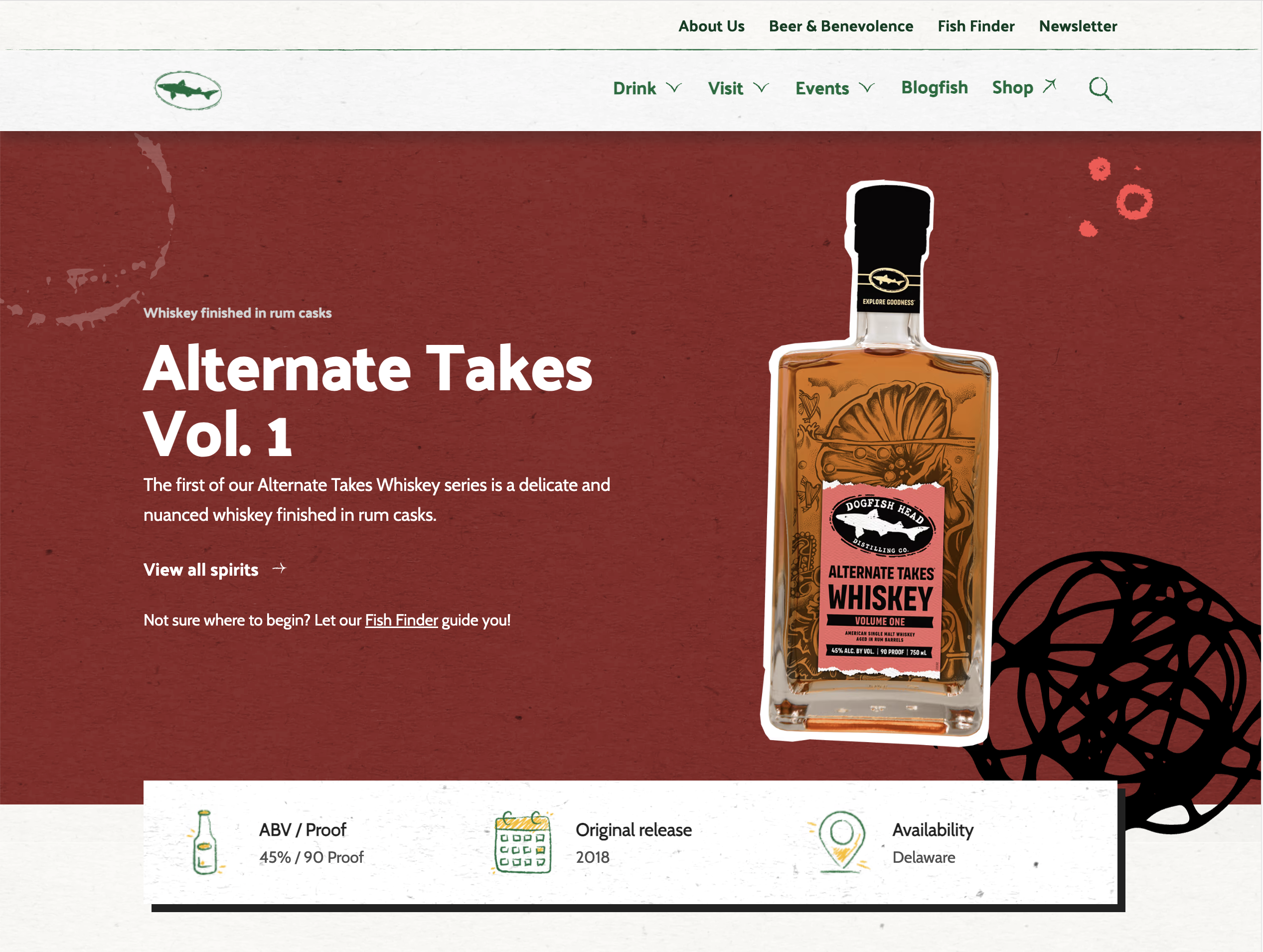 Dogfish Head Alternate Takes Whiskey product detail page with spirits branding
