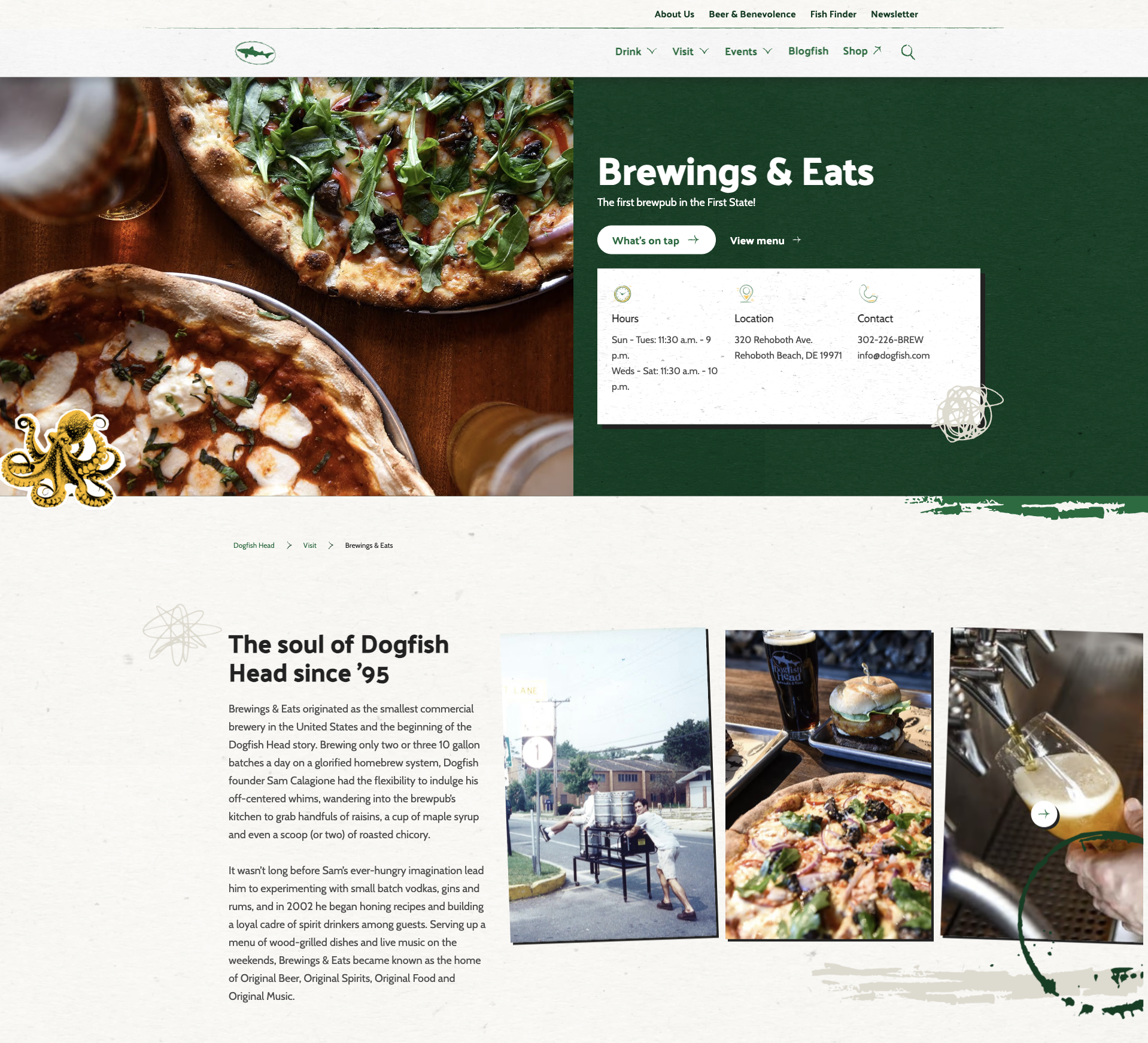 Dogfish Head Brewings and Eats location page with food photography, hours, and history