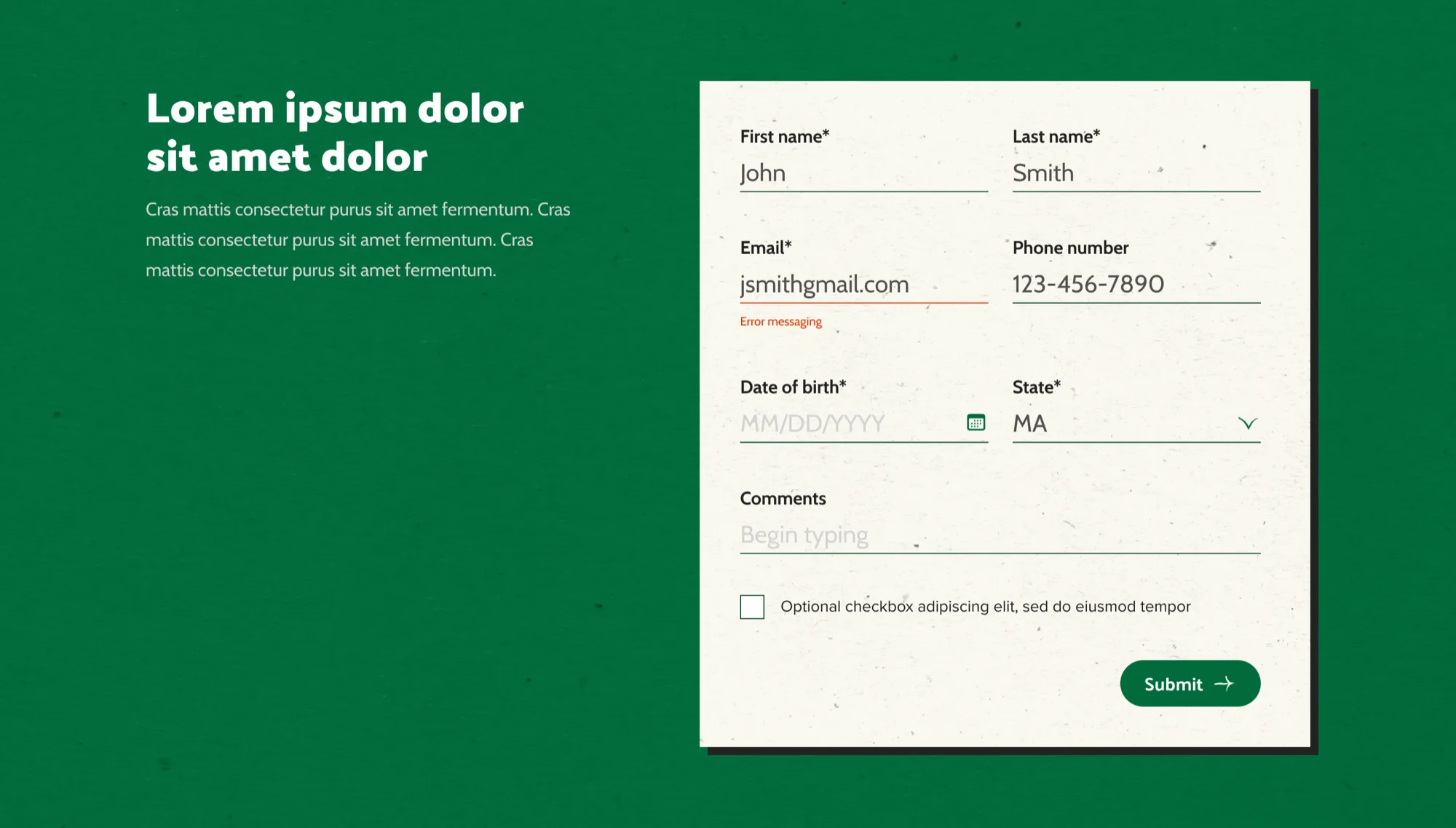 Contact form, error state