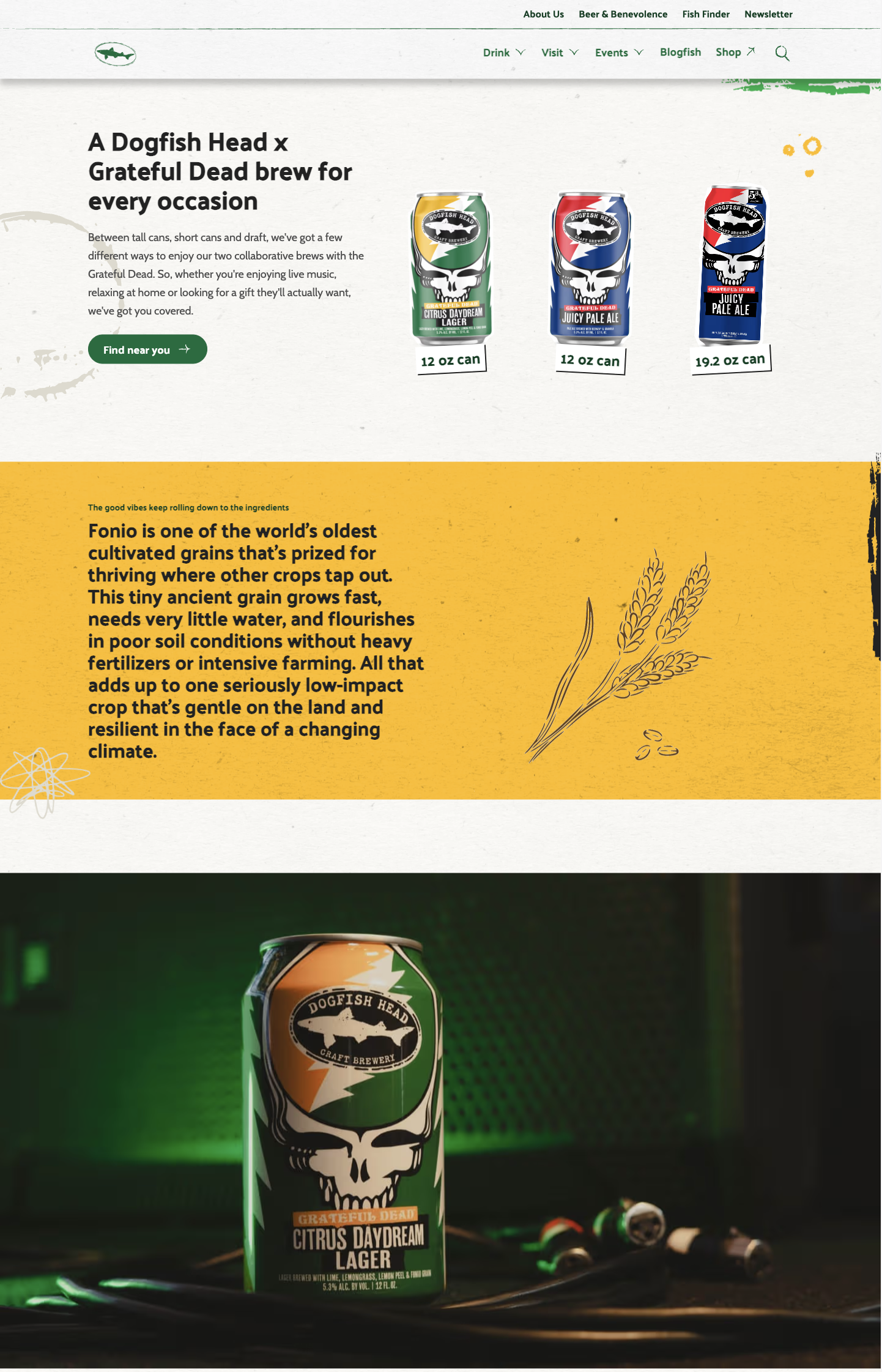 Dogfish Head x Grateful Dead collaboration landing page with product lineup and brand storytelling