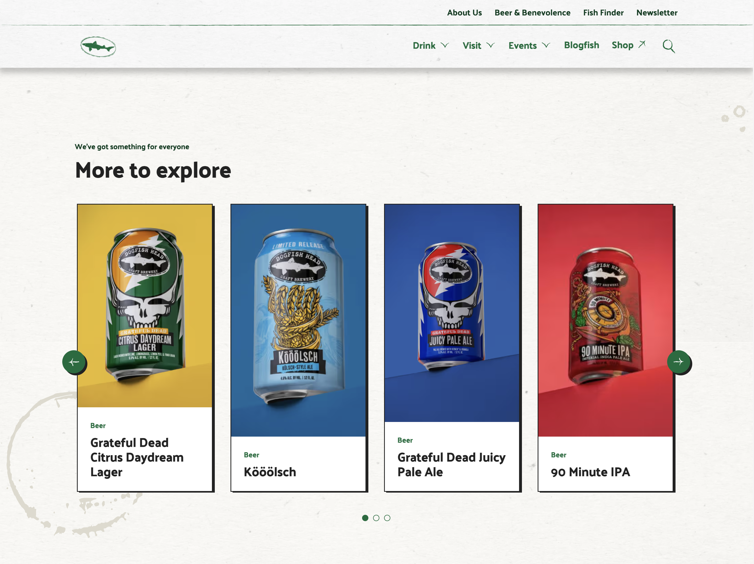 Dogfish Head product discovery carousel with colorful can photography and category browsing