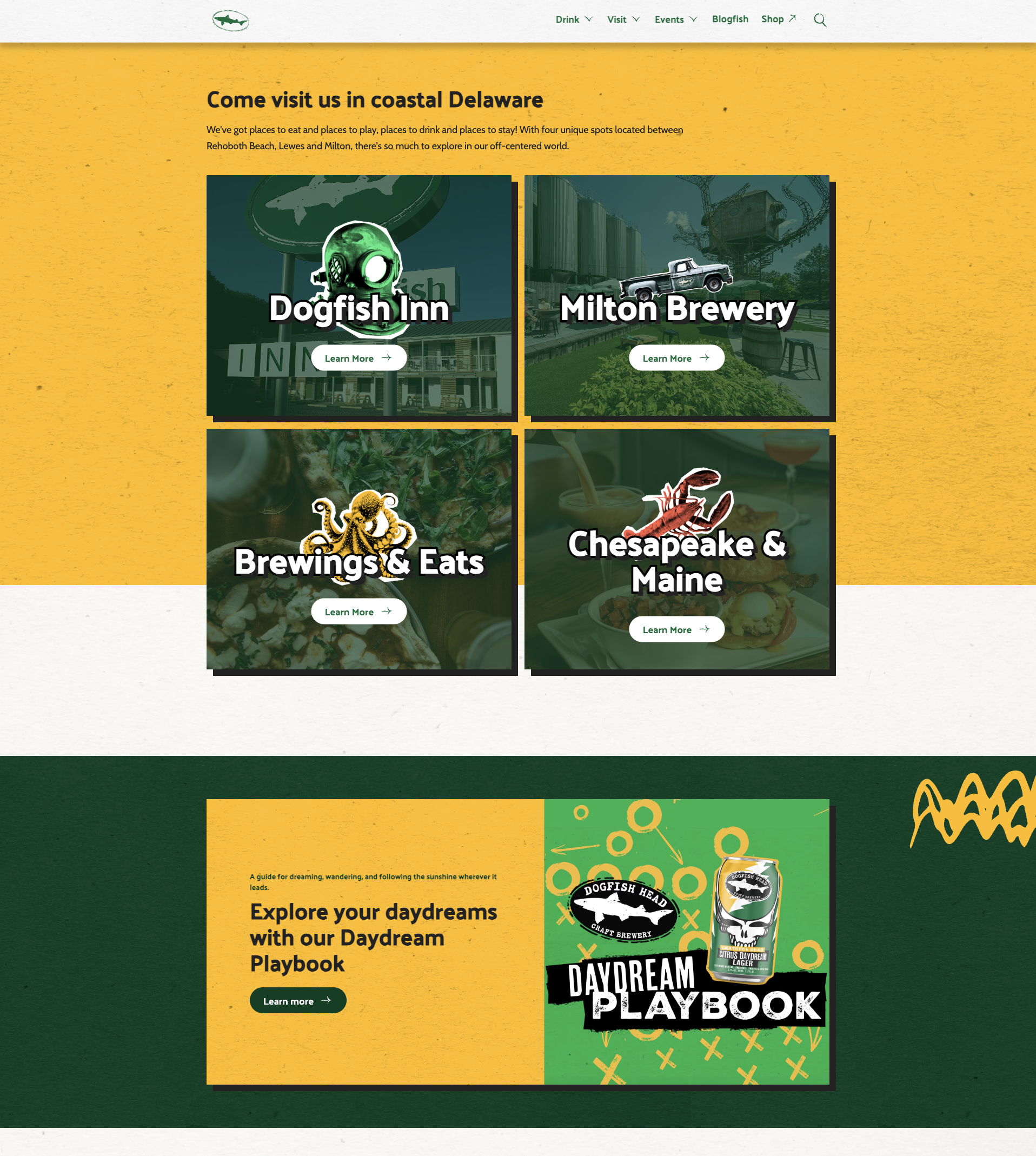 Dogfish Head Visit page — four coastal Delaware locations with branded illustration and photography