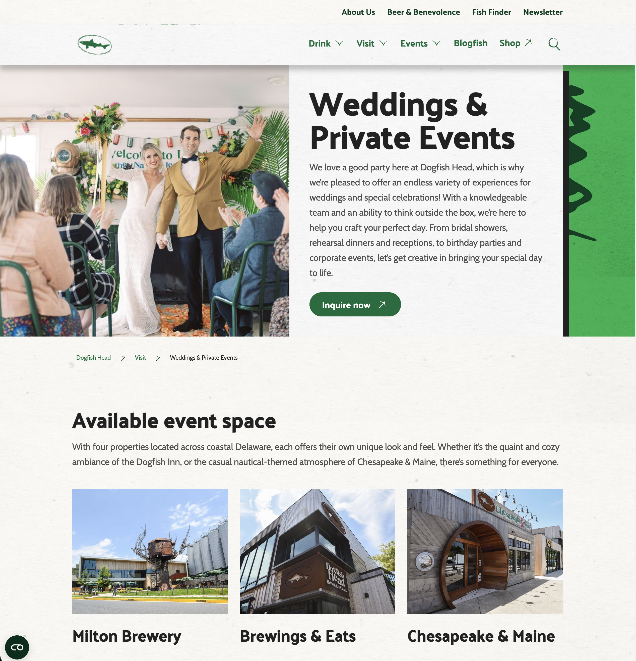 Dogfish Head Weddings and Private Events page with venue photography and inquiry flow