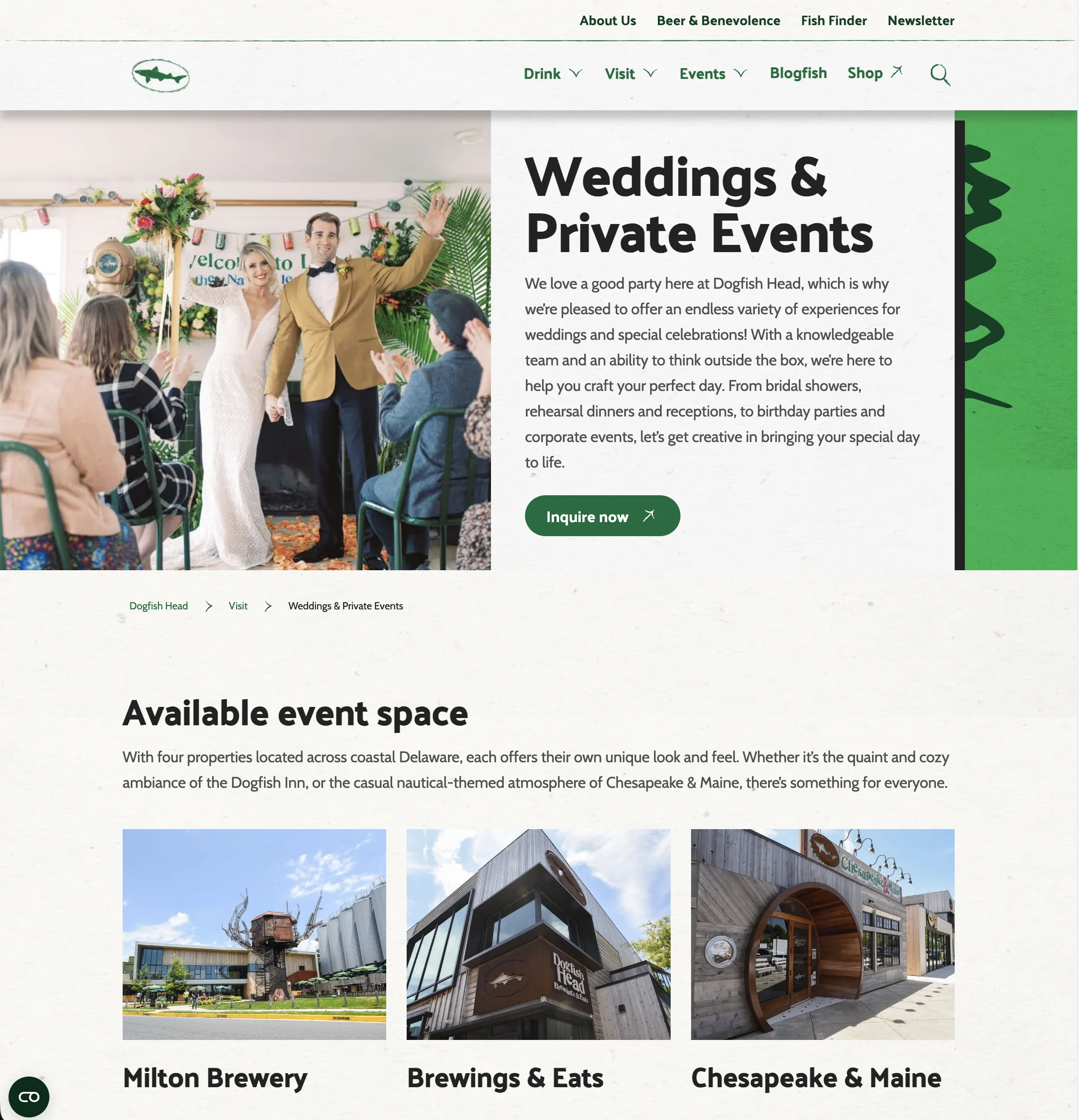 Weddings and Private Events page