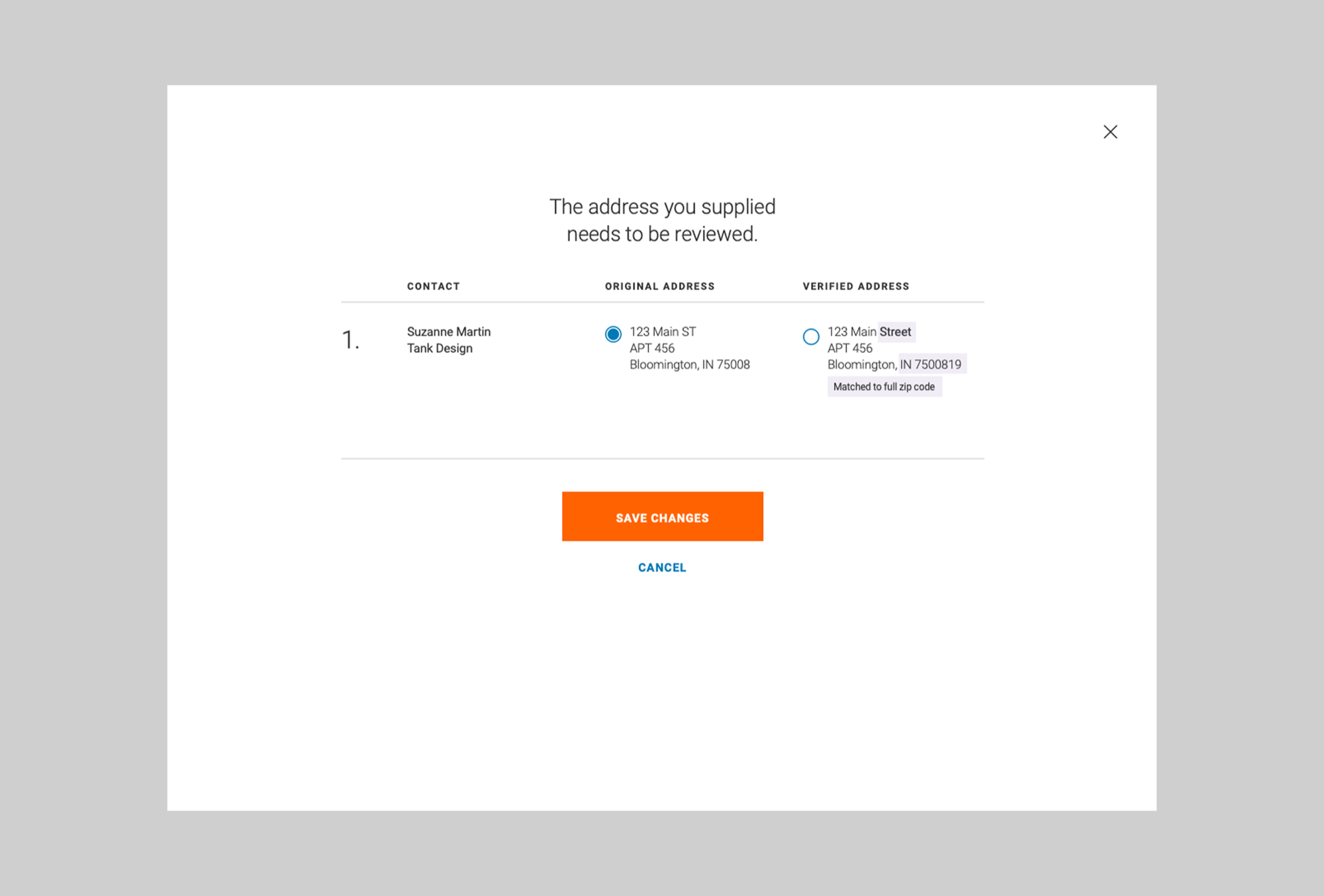 Address verification modal — showing original address vs verified address with matched zip code