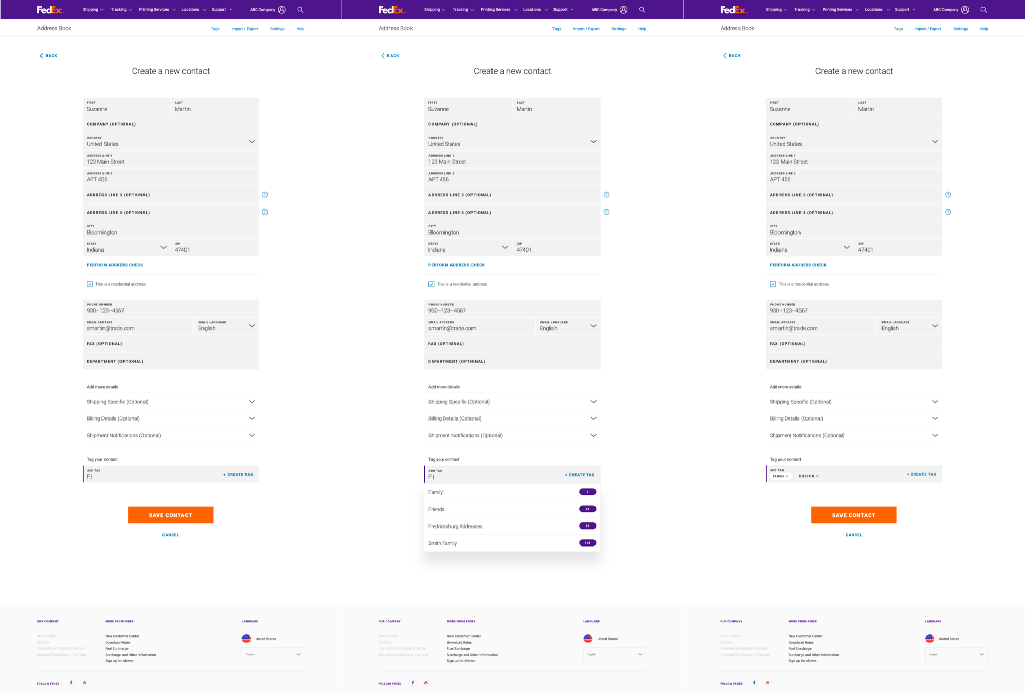 Create a new contact flow — three progressive states showing form completion, tagging, and final save