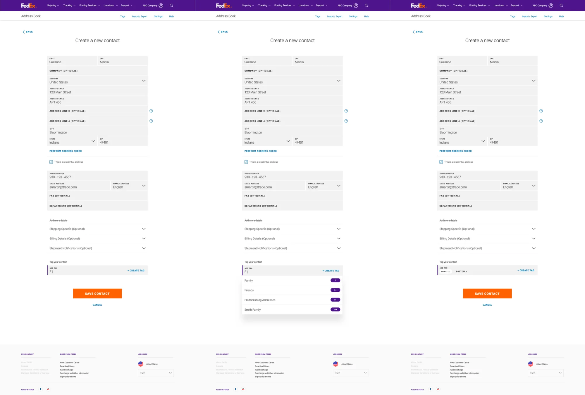 Redesigned create-contact flow with verified address entry, recipient details, and tagging in one focused dialog
