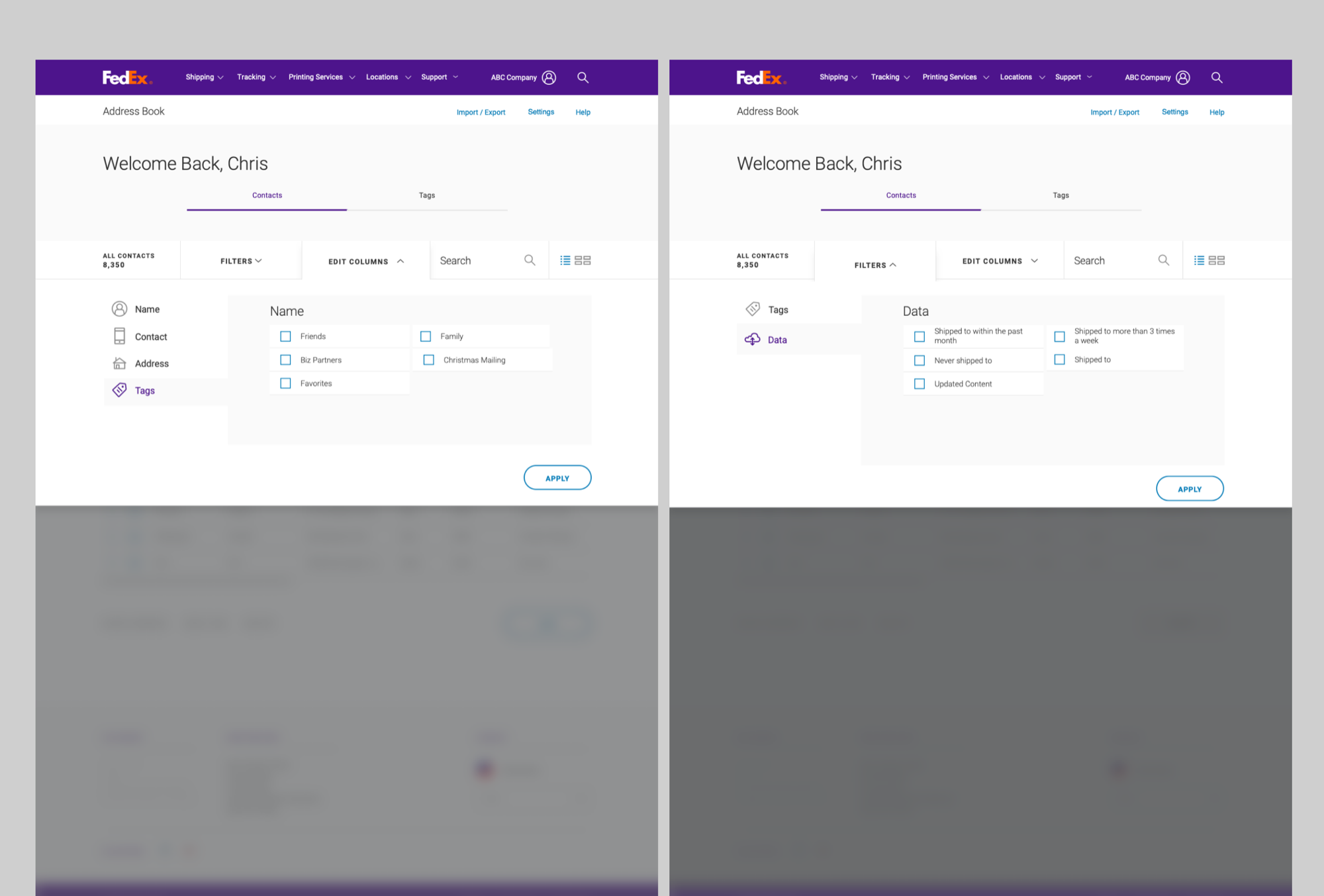 Filter system — two states showing Name filters with tag categories and Data filters with shipping frequency