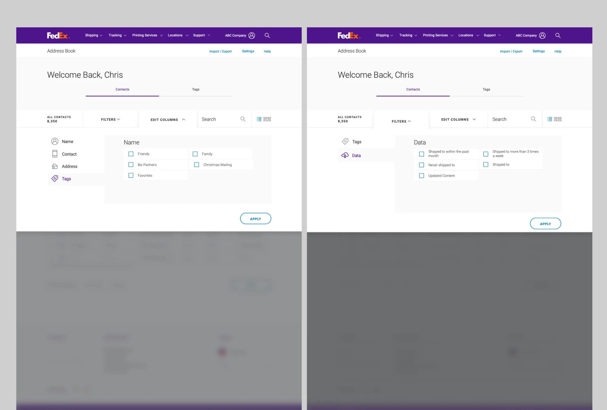 Filtering and search interface for FedEx Address Book contacts including location, tag, and recent activity filters