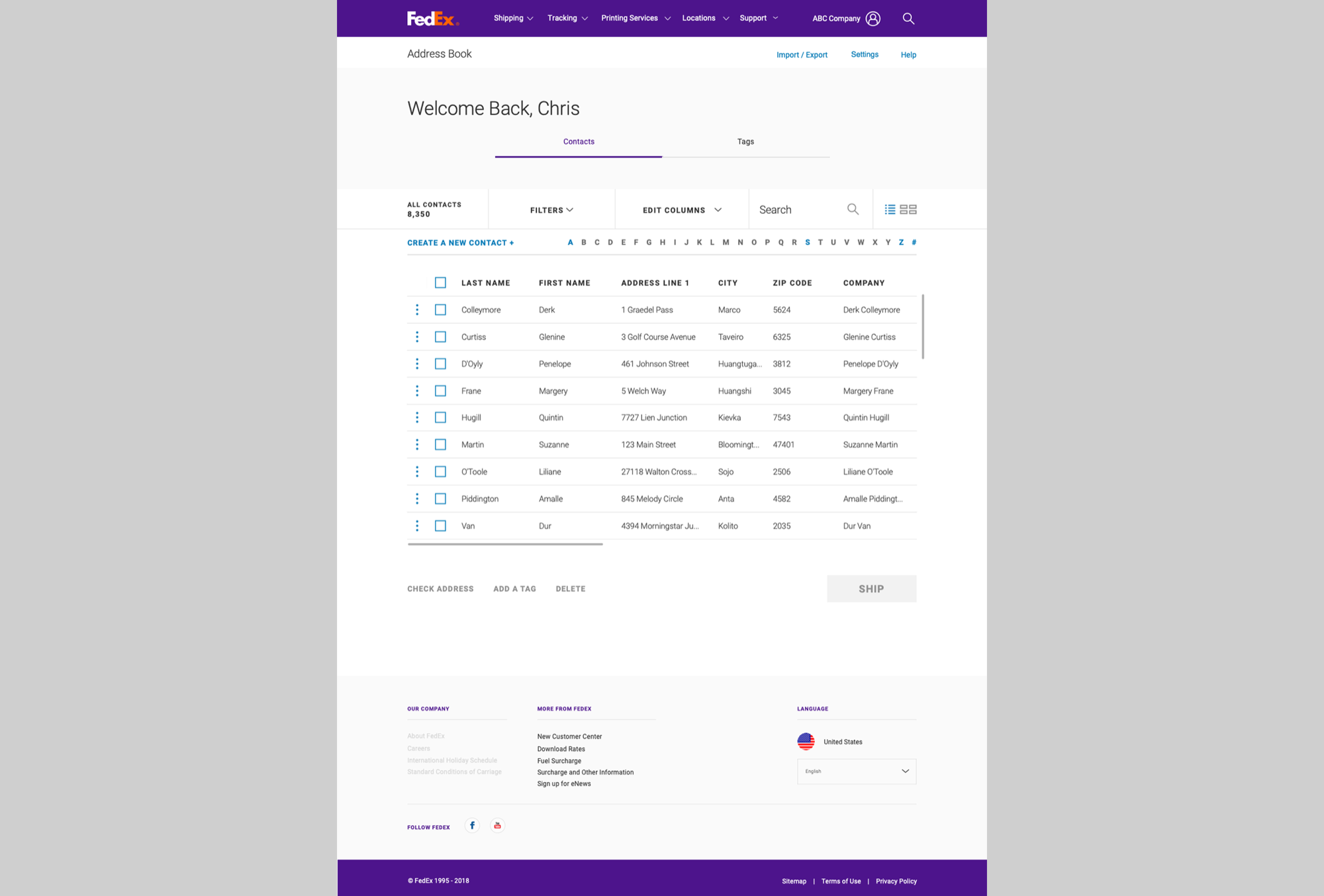 Redesigned FedEx Address Book landing page — clean contact list with filters, editable columns, search, and batch actions