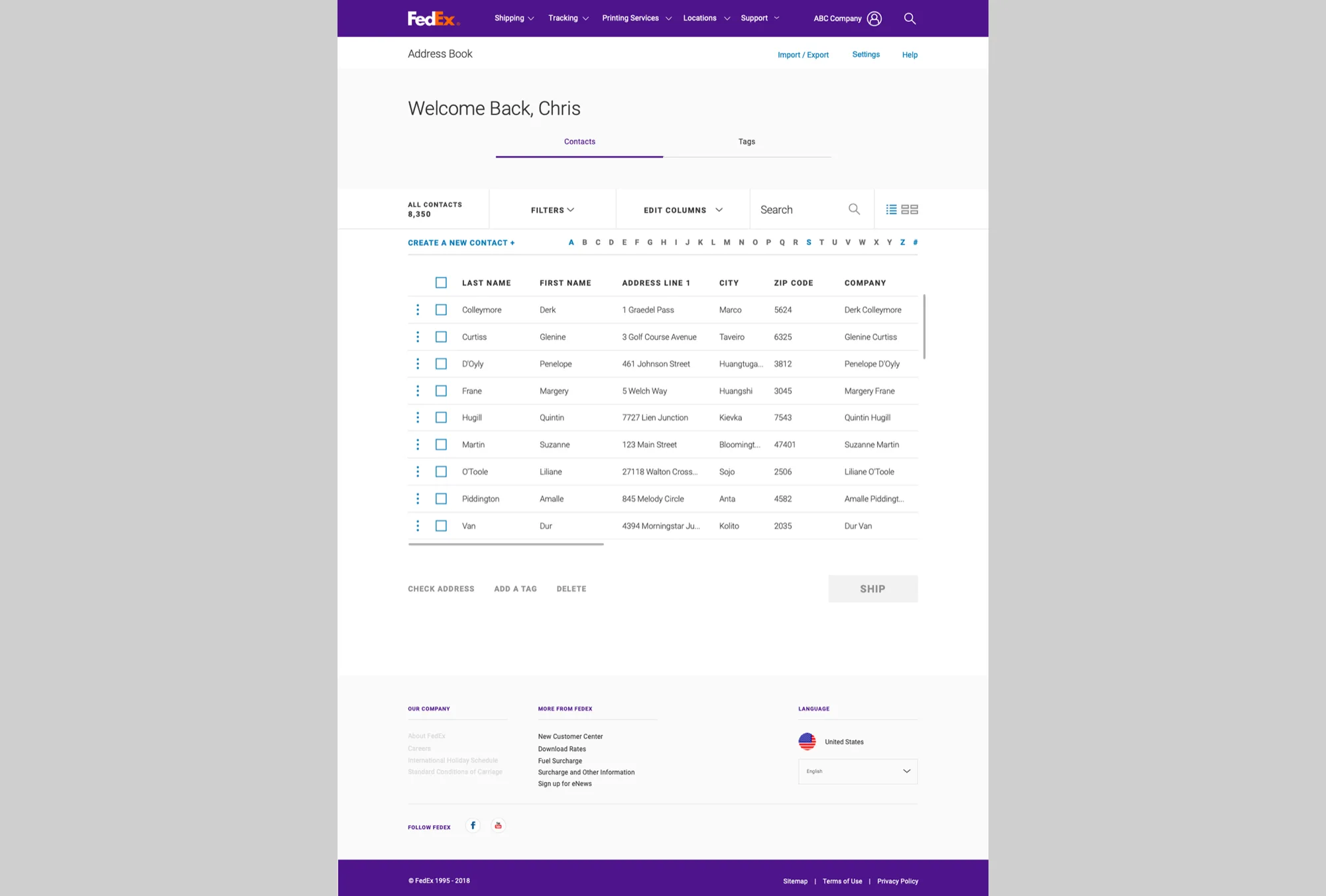 Redesigned FedEx Address Book landing page with clean contact list, filters, editable columns, and batch actions