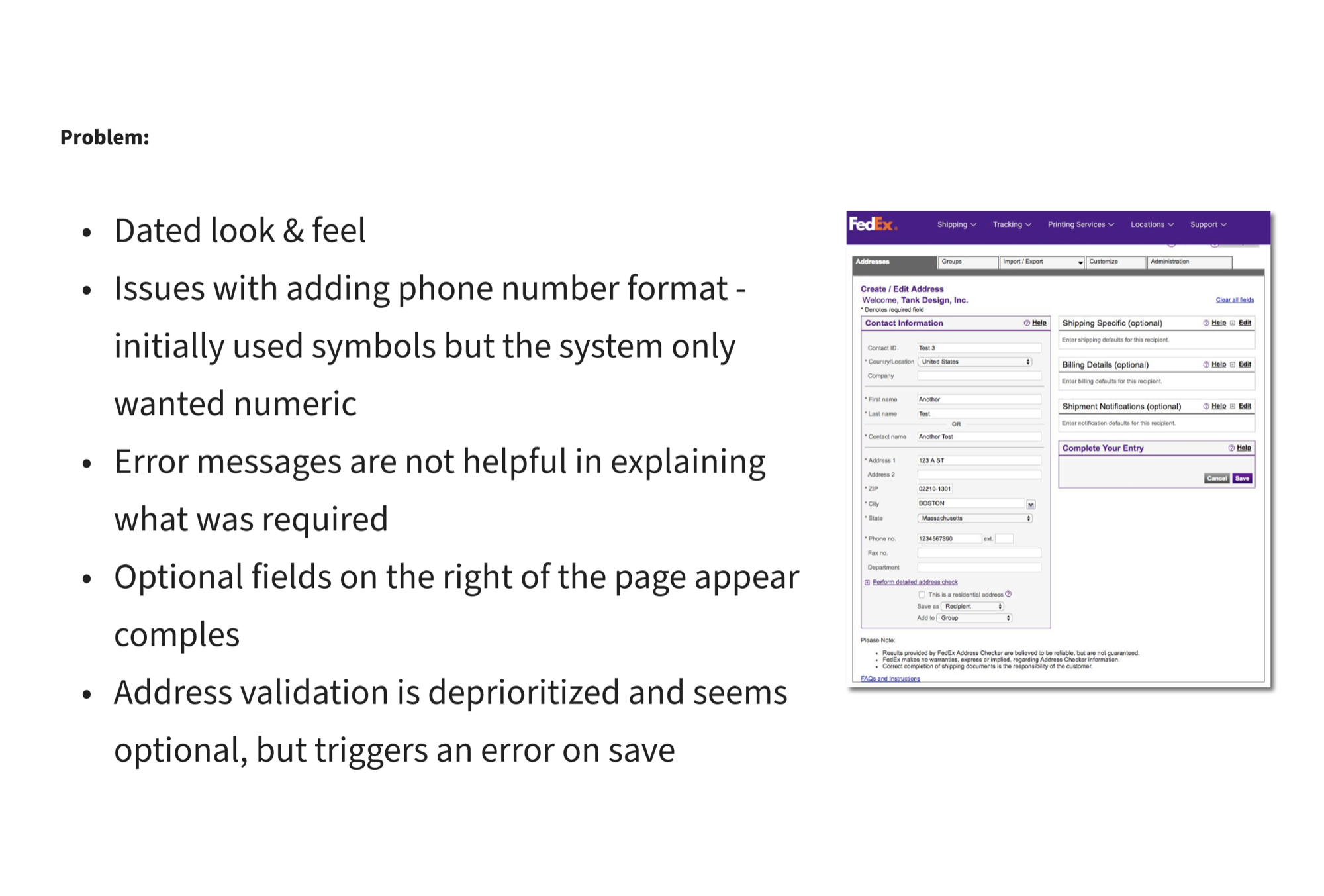 Legacy FedEx Address Book interface with annotated usability issues — dated layout, confusing phone formats, unhelpful error messages