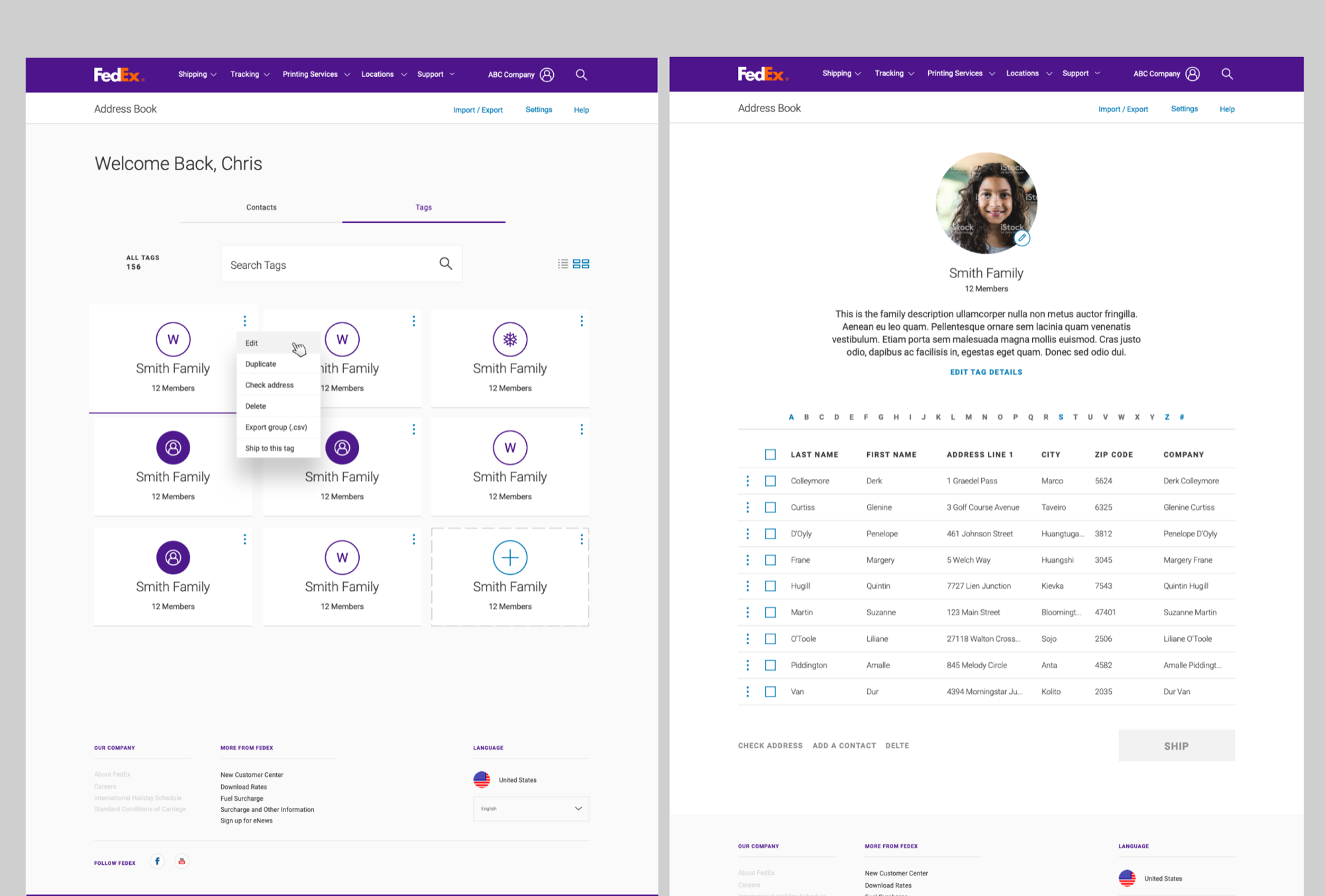 Tag management — card view showing tag groups alongside detail view with tag members and description