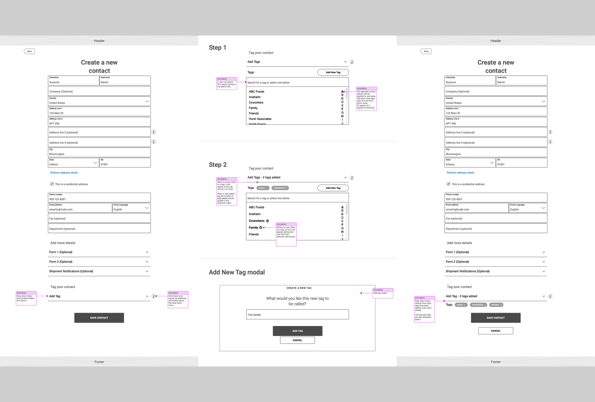 Tagging flow during contact creation — step 1 selecting tags, step 2 with tags added, and add new tag modal
