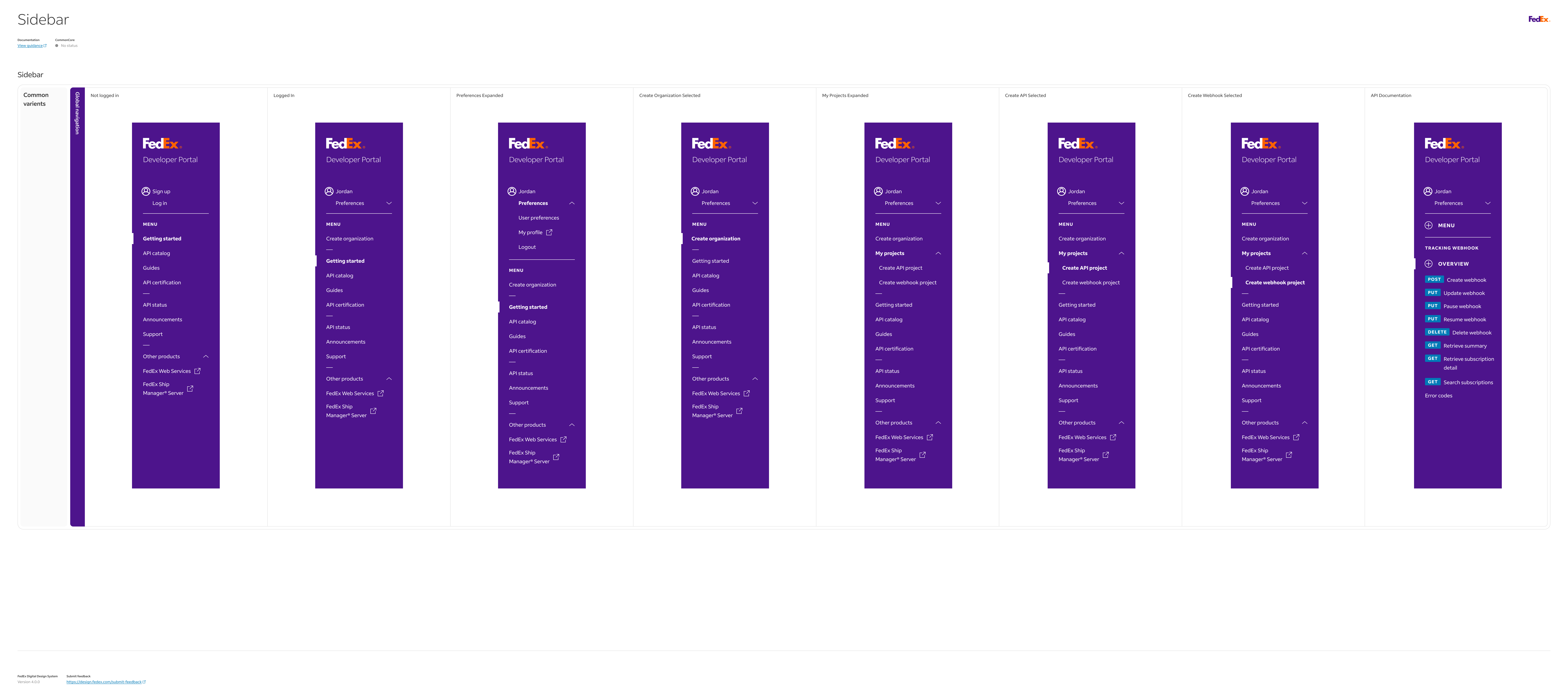 FedEx Developer Portal global navigation — sidebar structure across all platform sections